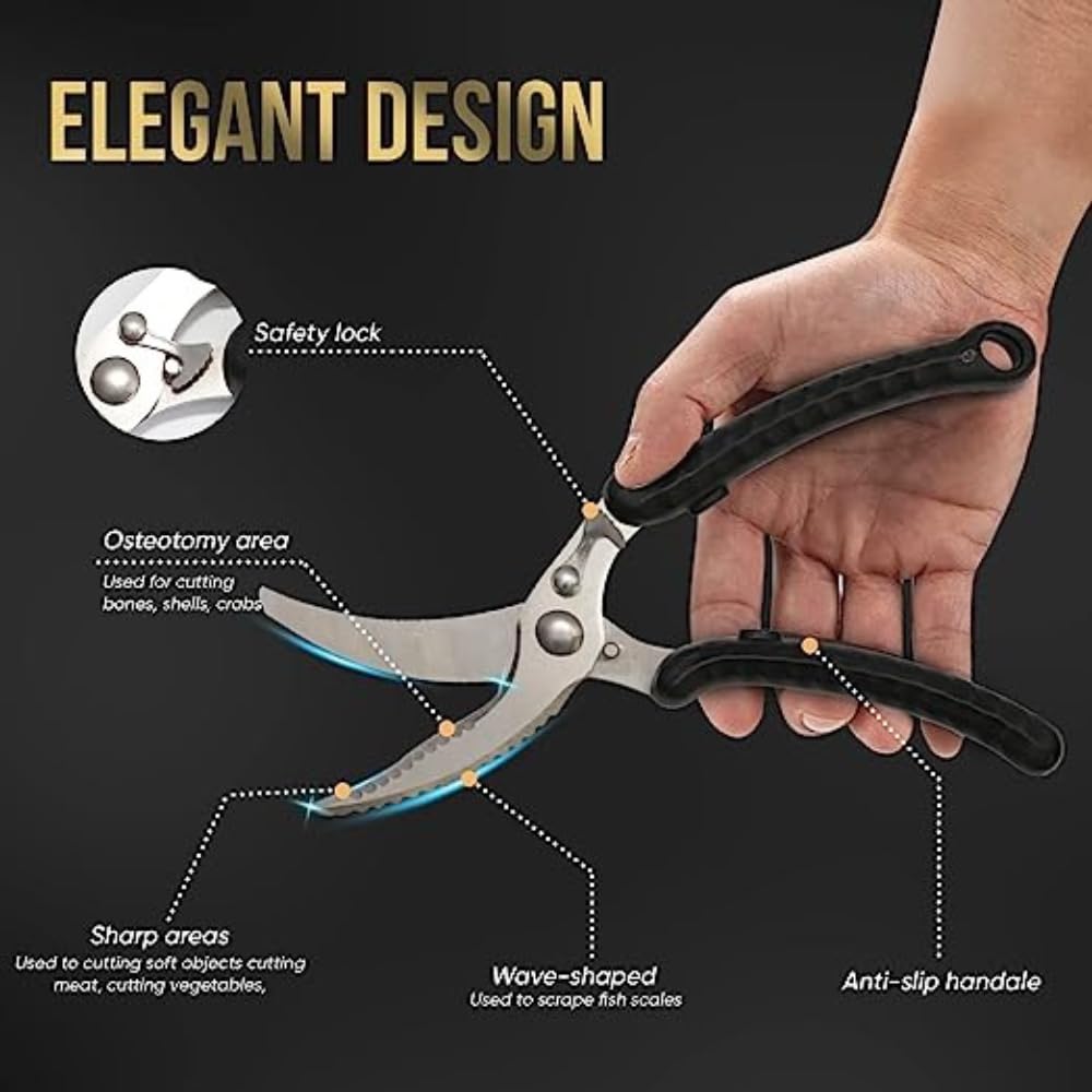 Heavy Duty Kitchen Scissors - Professional Cooking Shears for Chicken, Poultry, Fish & Vegetables - Dishwasher Safe Meat & Bone Cutting Scissors - Perfect for Meal Prep, Butchering & Food Processing
