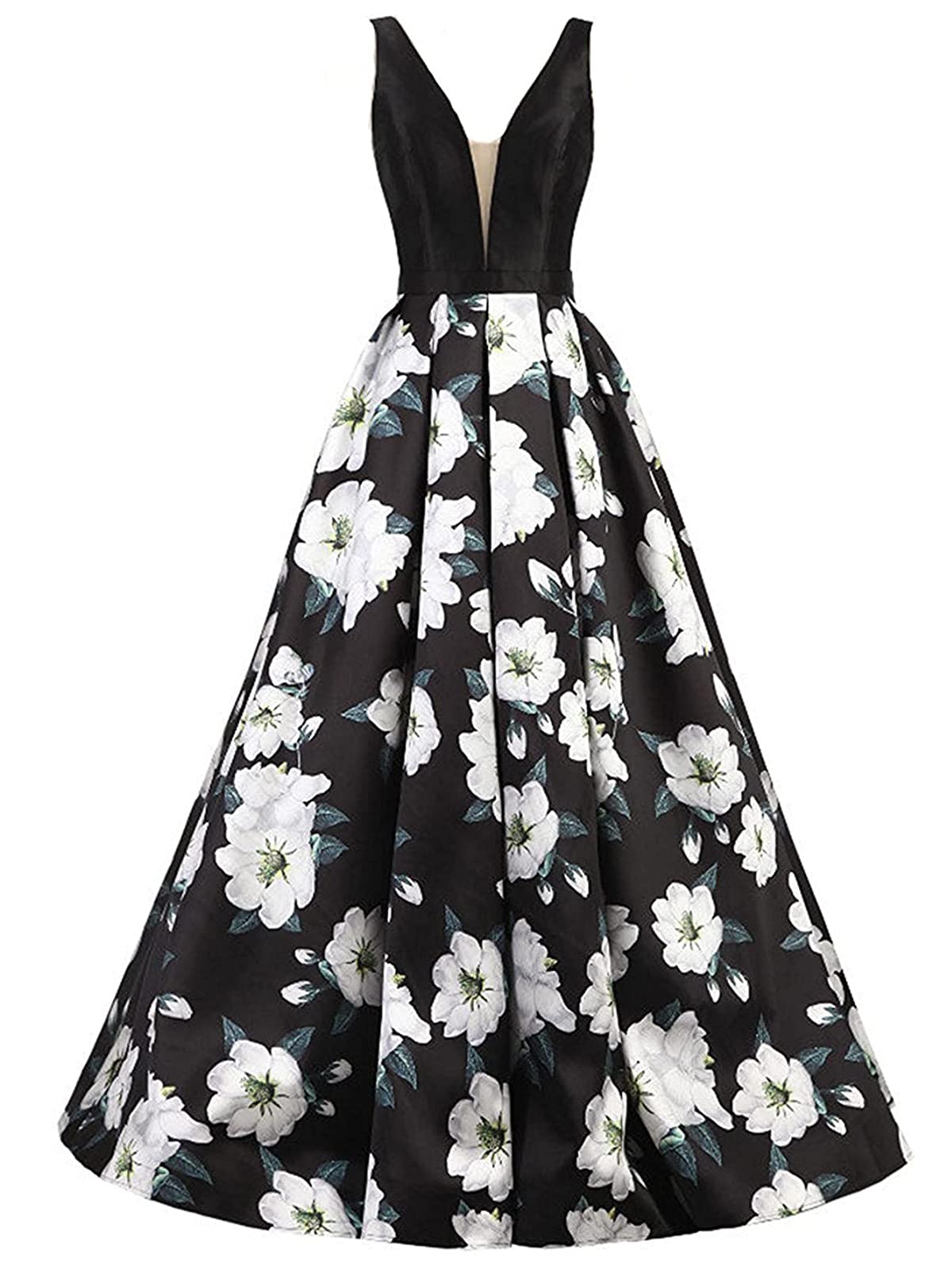 Elegant Floral Print A-Line Long Black Evening Dresses for Women - Perfect for Prom, Ball Gown & Formal Occasions