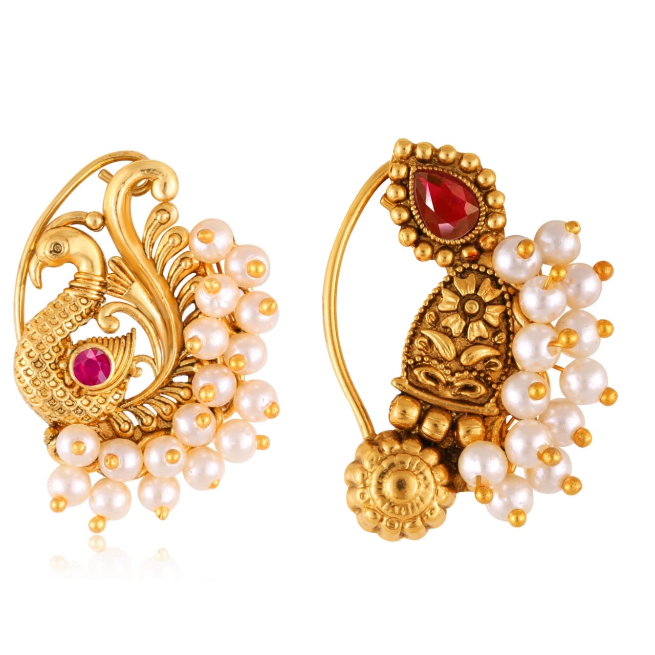 Vighnaharta Golden Moti Pearls Nath Nathiya Nose Pin - Gold Plated Alloy Two Nose Rings - Valentine's Day Gift for Her/Him - Elegant Jewelry for Women - Perfect for Weddings, Parties & Festive Occasions [VFJ1134-1176NTH-Press-Red]