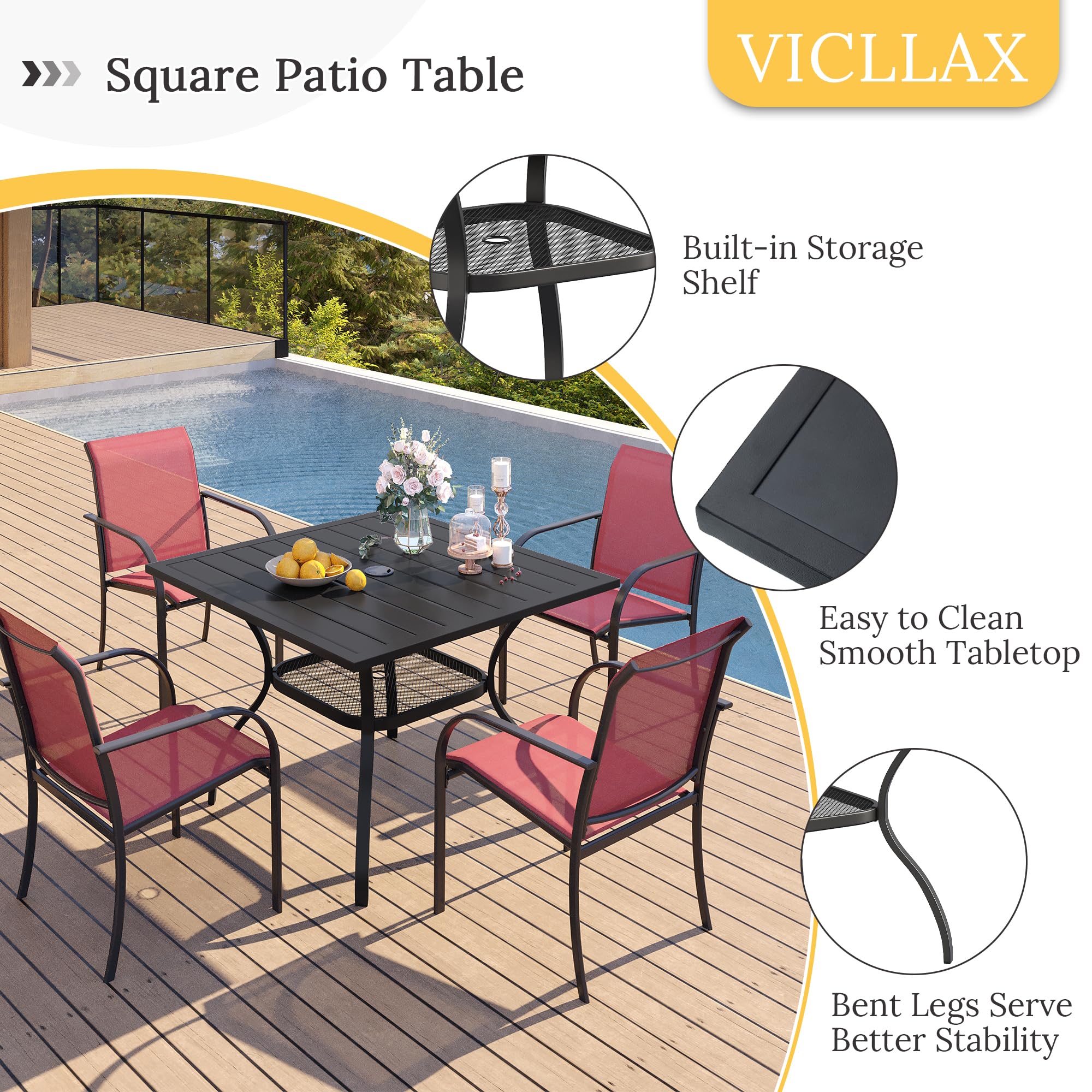 VICLLAX 48 Inch Square Outdoor Dining Table with Umbrella Hole - Weather Resistant Patio Furniture for Backyard, Garden, Poolside & Deck Dining