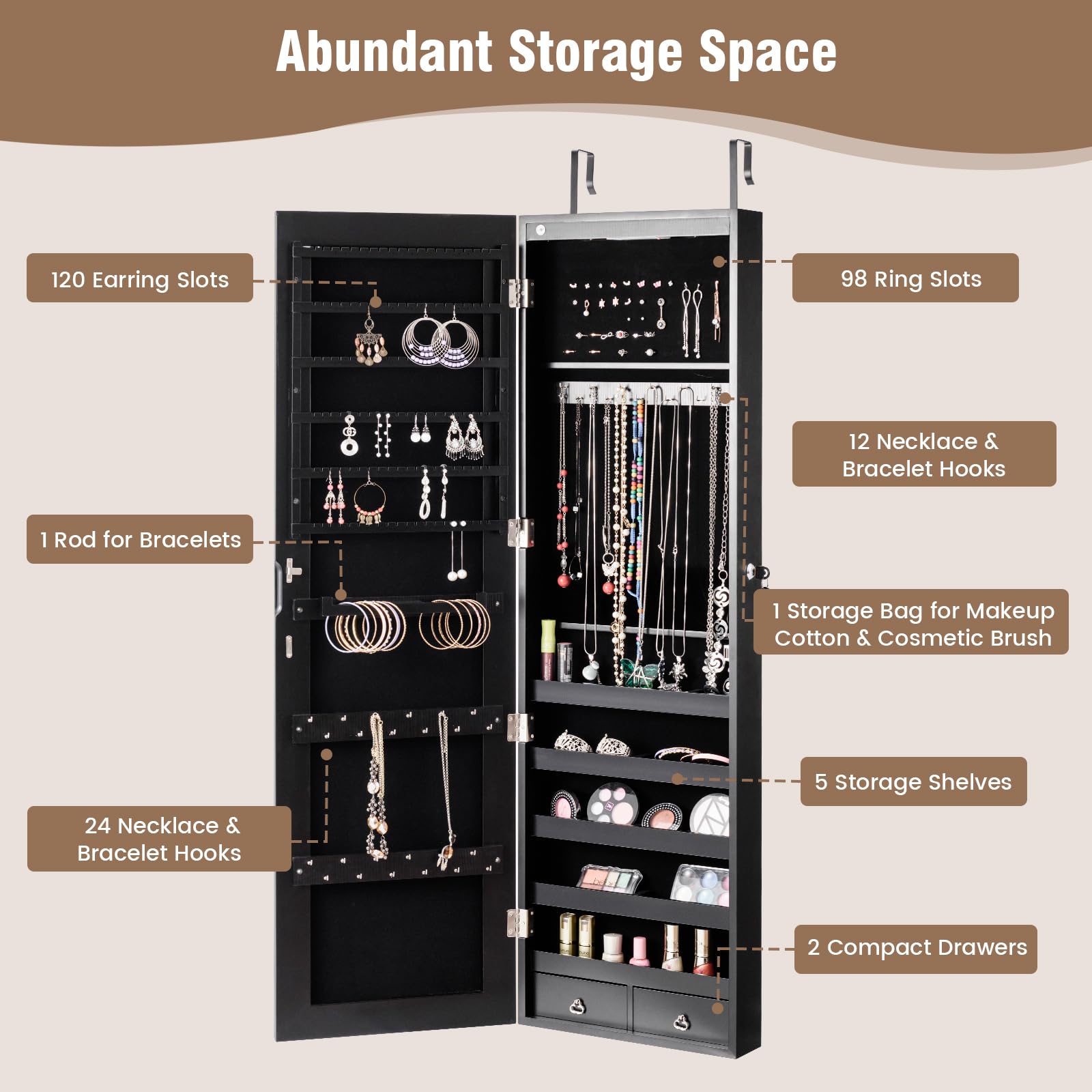 Black Jewelry Armoire with LED Lights & Drawers - Bedroom Storage Organizer for Necklaces & Rings