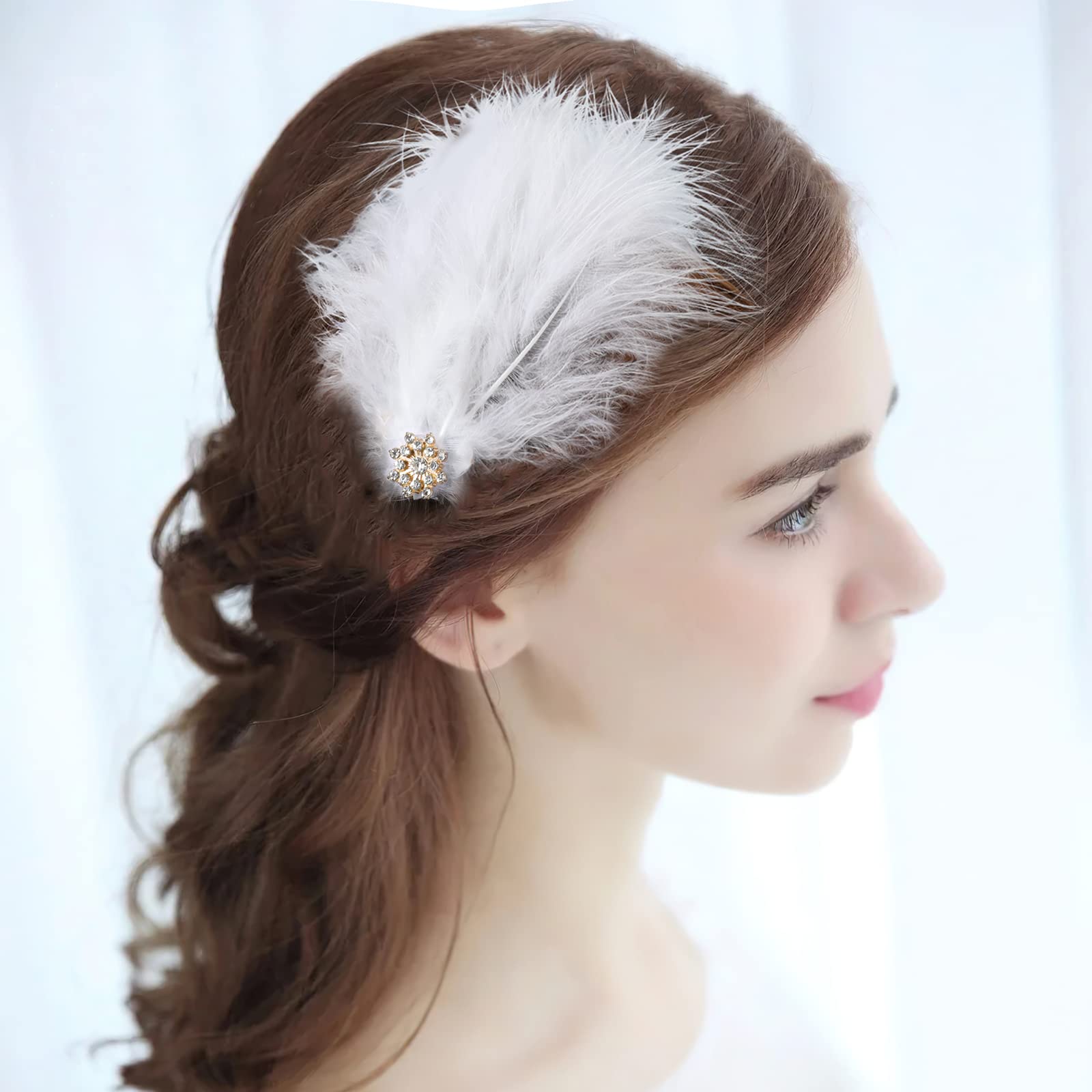 MWOOT 4Pcs White Feather Fascinators Hair Clips - Handmade Rhinestone Hair Accessories for Women & Girls | Wedding, Prom, Party, Cosplay Hairpins & Barrettes