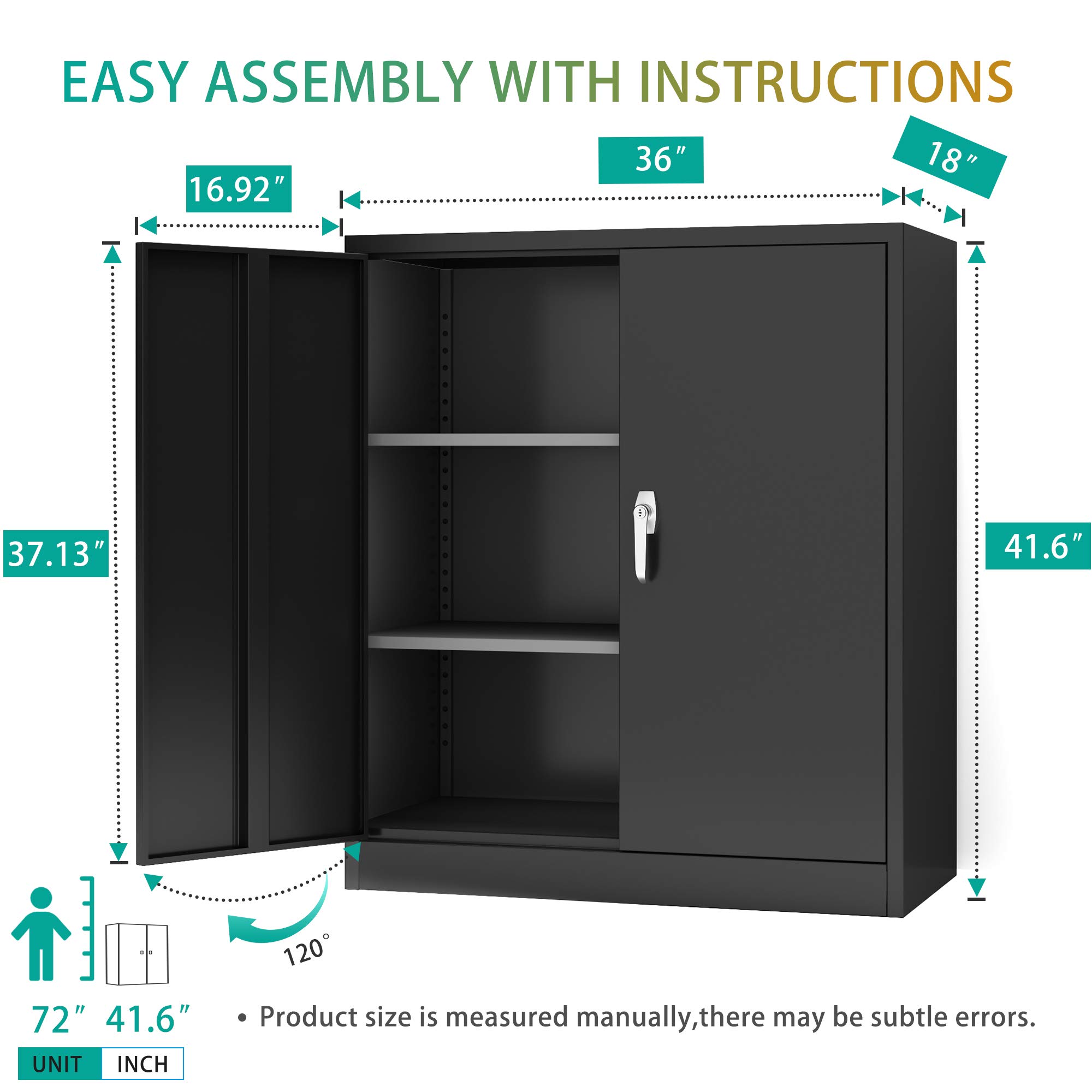 Black Metal Storage Cabinet with 2 Locking Doors & Adjustable Shelves - 41.6
