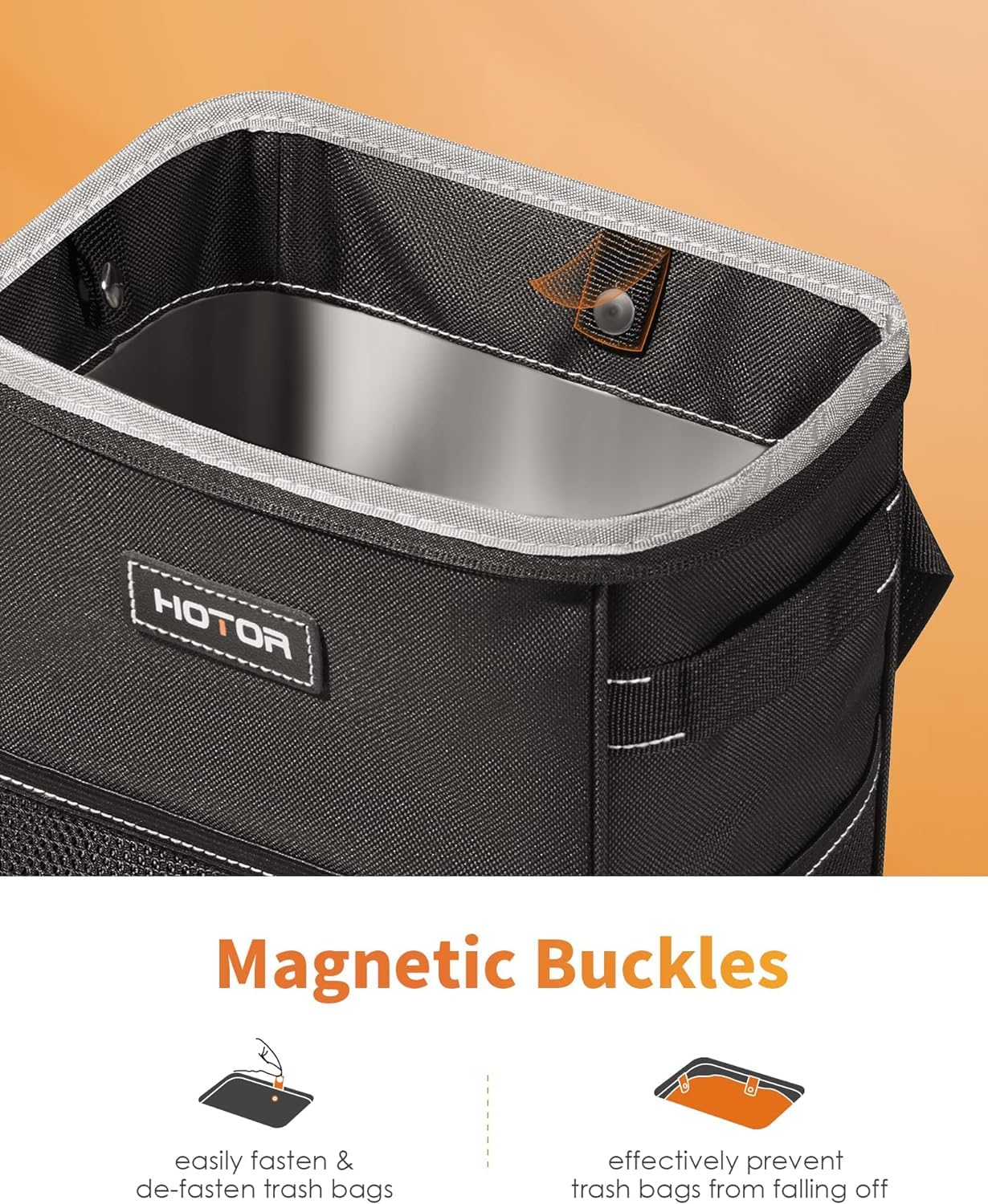 HOTOR 2 Gallon Car Trash Can with Lid - Leak-Proof Waterproof Auto Garbage Bin with Storage Pockets | Multi-Purpose Vehicle Organizer for Road Trips, Camping & Daily Commute (Black)
