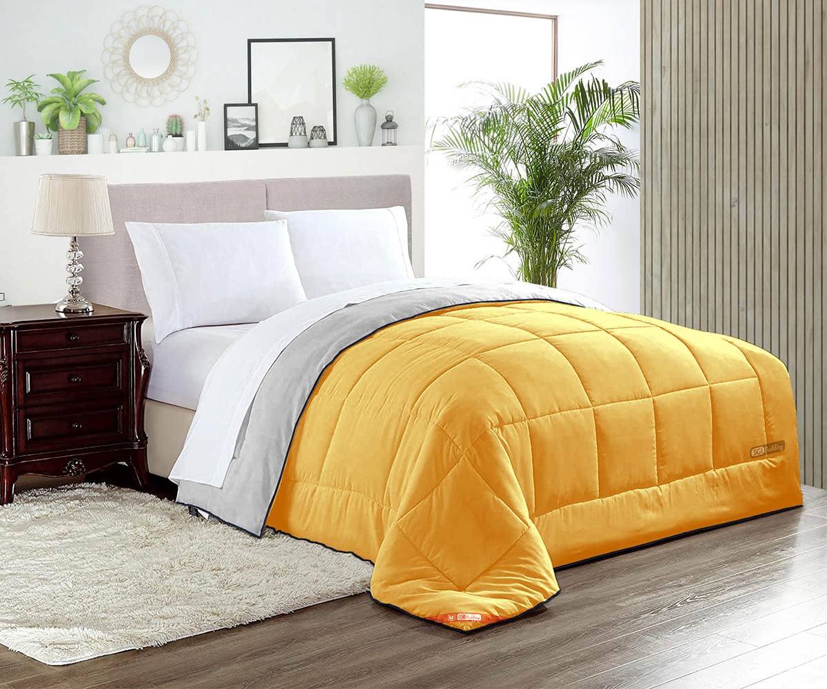 Premium Down Alternative California King Comforter - 300 GSM Plush Siliconized Fiberfill, Golden/Light Gray with Navy Blue Piping | Ultra Soft & Hypoallergenic Duvet Insert for All-Season Comfort | Perfect for Master Bedrooms, Guest Rooms & Luxury Hotels