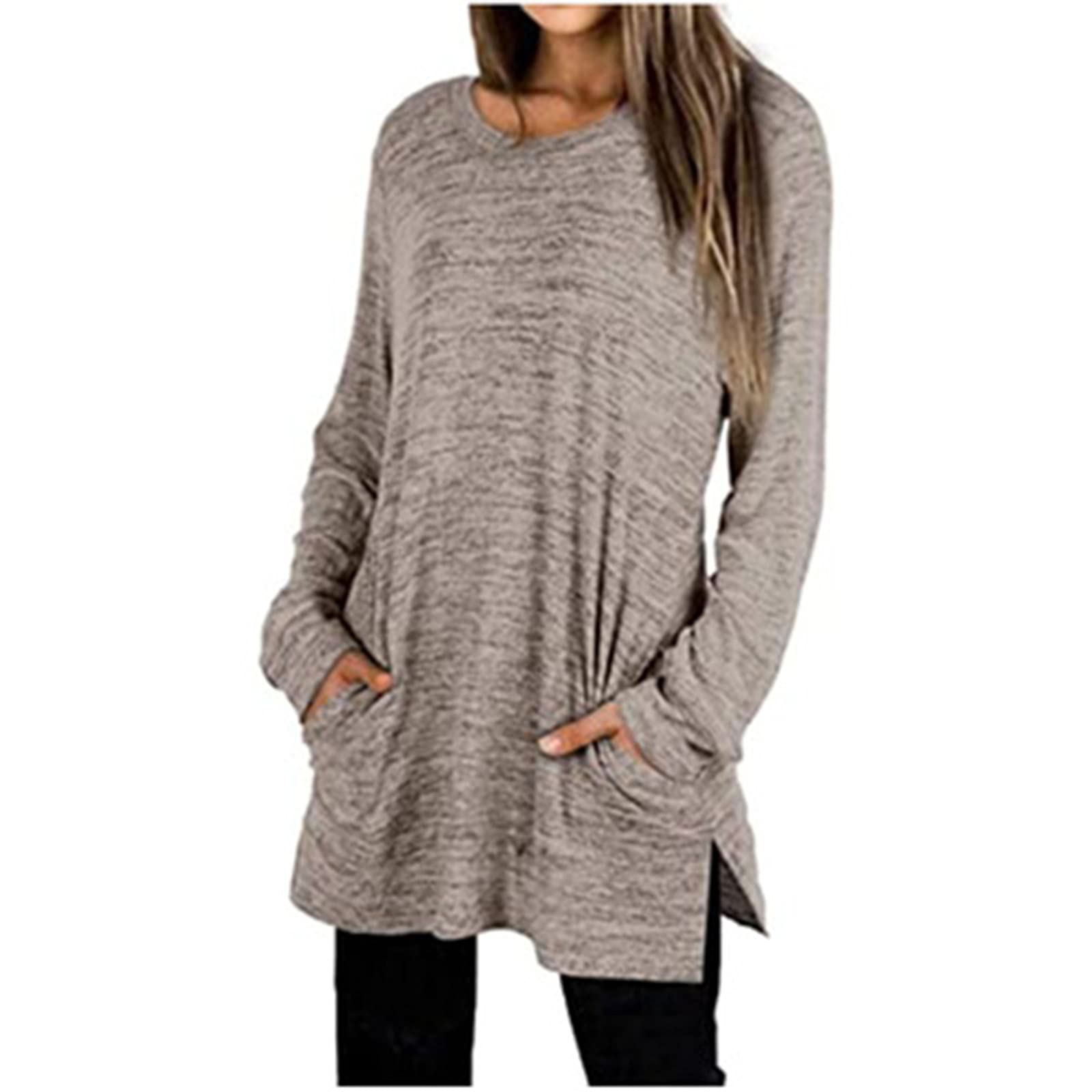 Women's Long Sleeve Tunic Top - Solid Color Loose Fit Pullover Blouse with Pocket | Crew Neck Casual Tee Shirt for Work, Travel & Everyday Wear