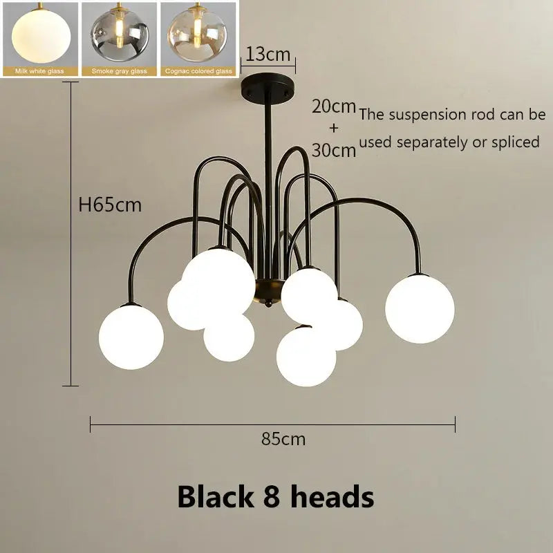 8-Light LED Glass Ball Chandelier in Black/Gold - Modern Crystal Ceiling Light Fixture for Dining Room, Living Room & Bedroom