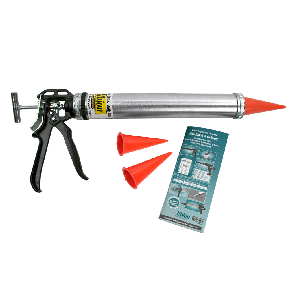 Albion B12B20 20 oz / 600mL Heavy Duty Metal Manual Bulk Caulking Gun Kit with 4 Orange Cone Nozzles - Perfect for Construction, Home Repairs & DIY Projects