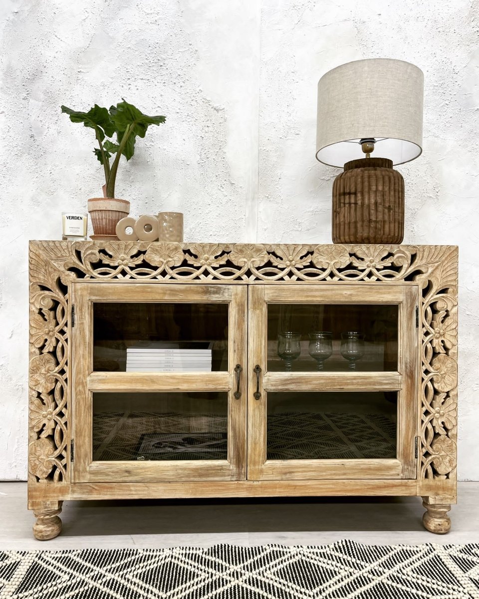 Hand Carved Indian Wooden Sideboard Buffet Table with 2 Doors & Storage - Rustic Dining Room Furniture for Home Decor & Entertaining