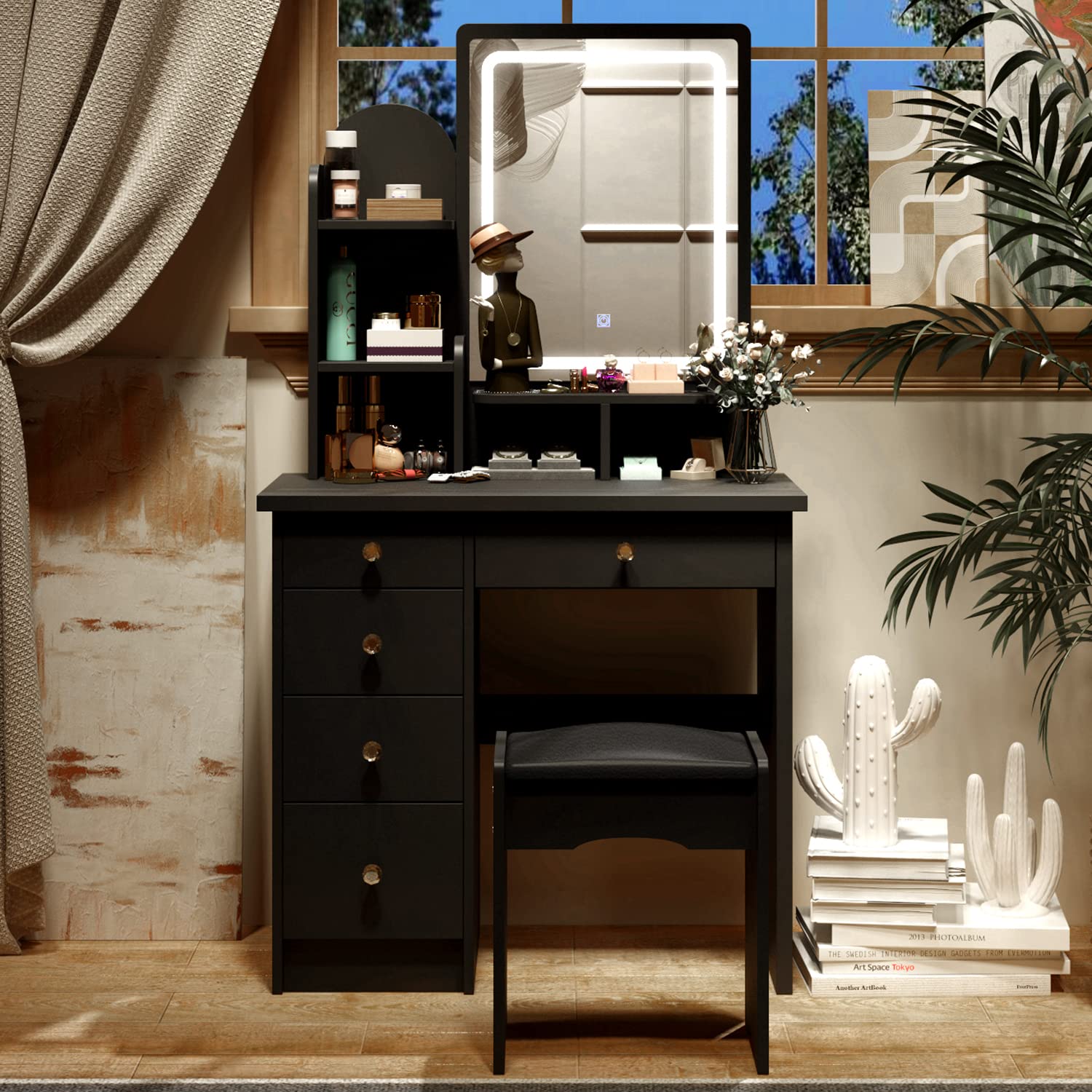 Black Vanity Set with Lighted Mirror & Stool - 5 Drawers Dresser for Makeup & Dressing