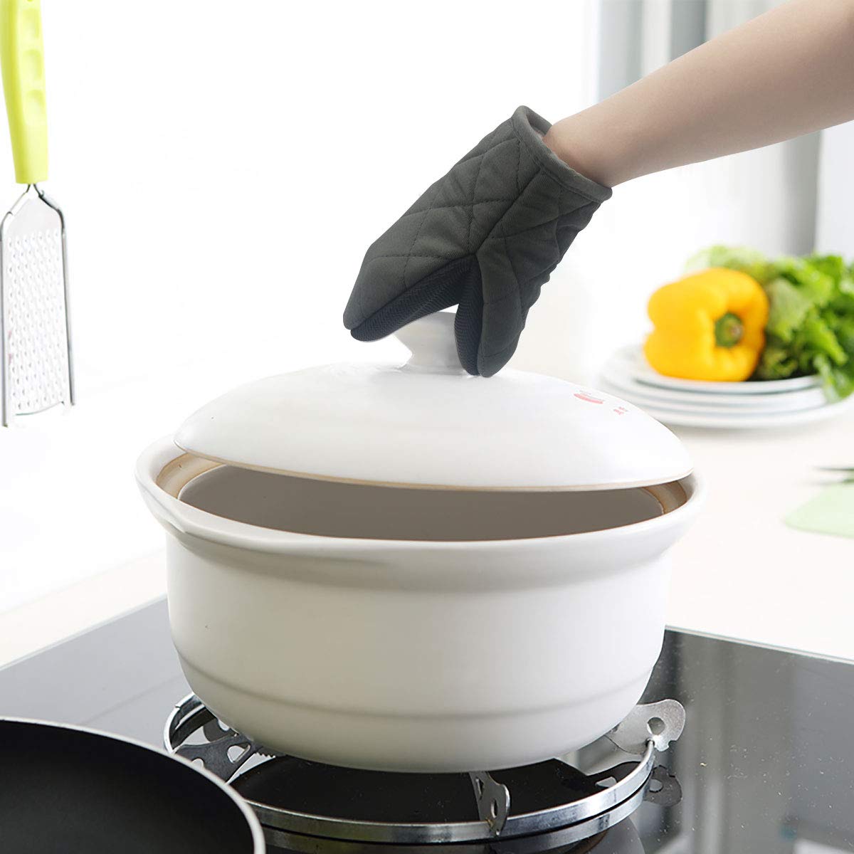 Heat Resistant Neoprene Mini Oven Mitts (2-Pack) - 500°F Protection with Non-Slip Grip & Hanging Loop - Perfect for Baking, Cooking, Grilling & Handling Hot Pots/Pans (Greyish-Green)