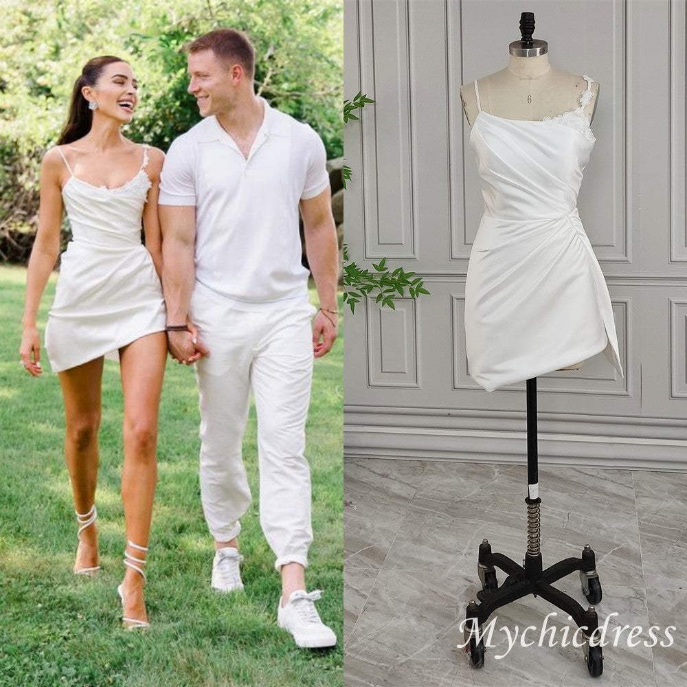 Elegant Mermaid Mini Short Wedding Dress with Spaghetti Straps & Floral Appliques - Perfect for Beach Weddings, Vow Renewals & Romantic Photoshoots