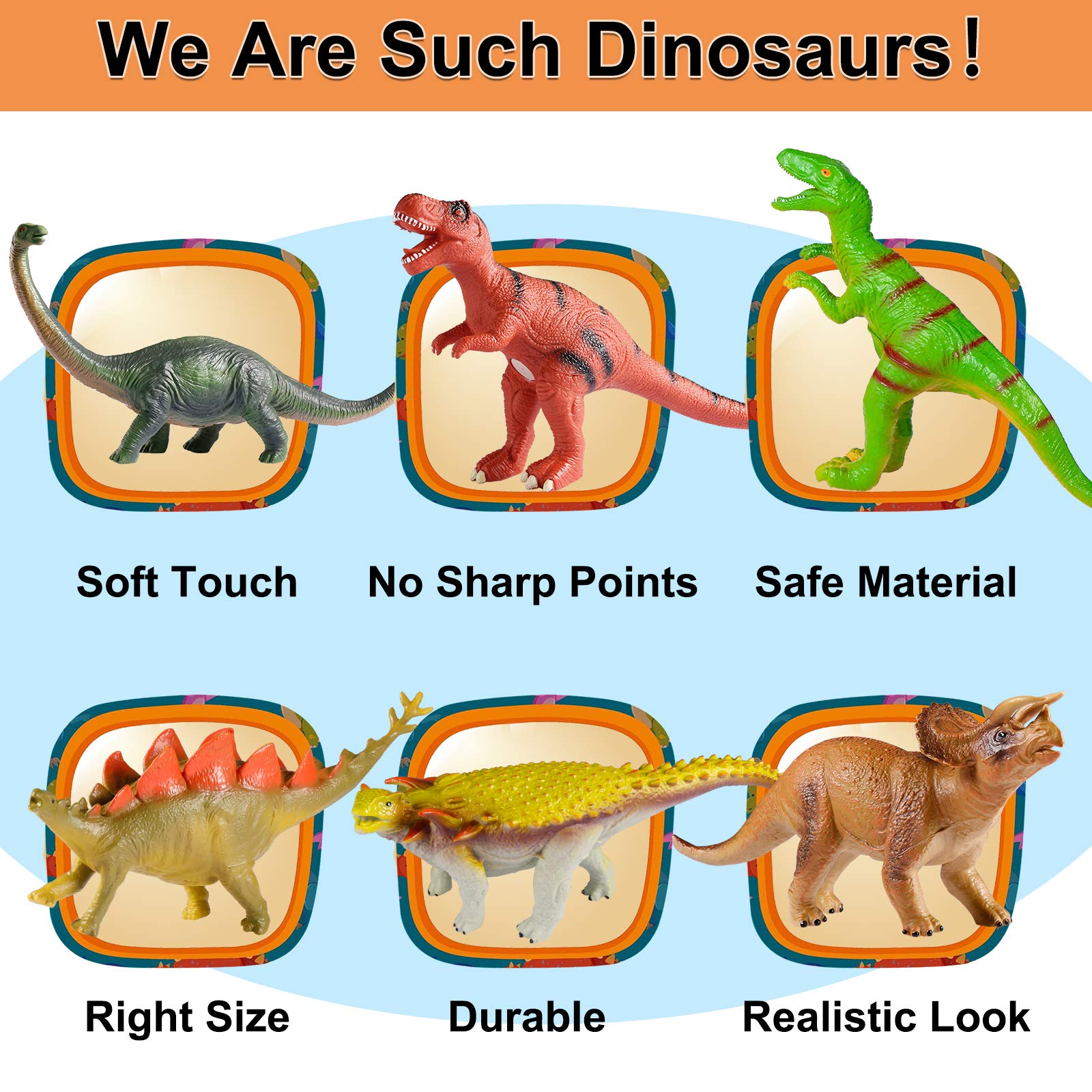 Tepsmigo 6-Pack Jumbo Soft Dinosaur Toys for Kids Ages 3-7 - T-Rex, Velociraptor & Triceratops Plush Jurassic Dinosaur Set | Perfect for Playtime, Learning & Nursery Decor