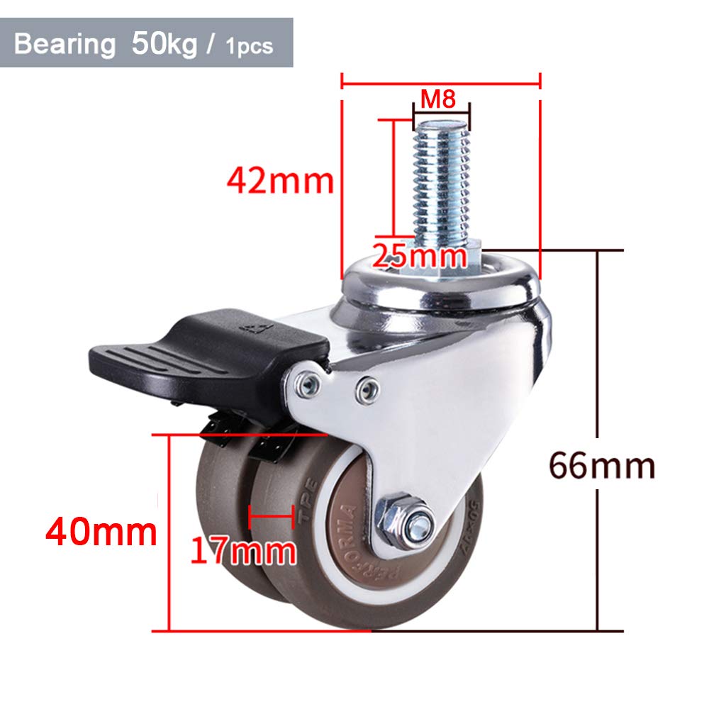 40mm Double Wheels Swivel Stem Casters (4 Pack) - M8x25mm Bolt - 50kg Capacity - TPE Rubber Office Chair Replacement Wheels - Heavy Duty Furniture Trolley Casters with Brake - Perfect for Office Chairs, Workstations, and Industrial Equipment