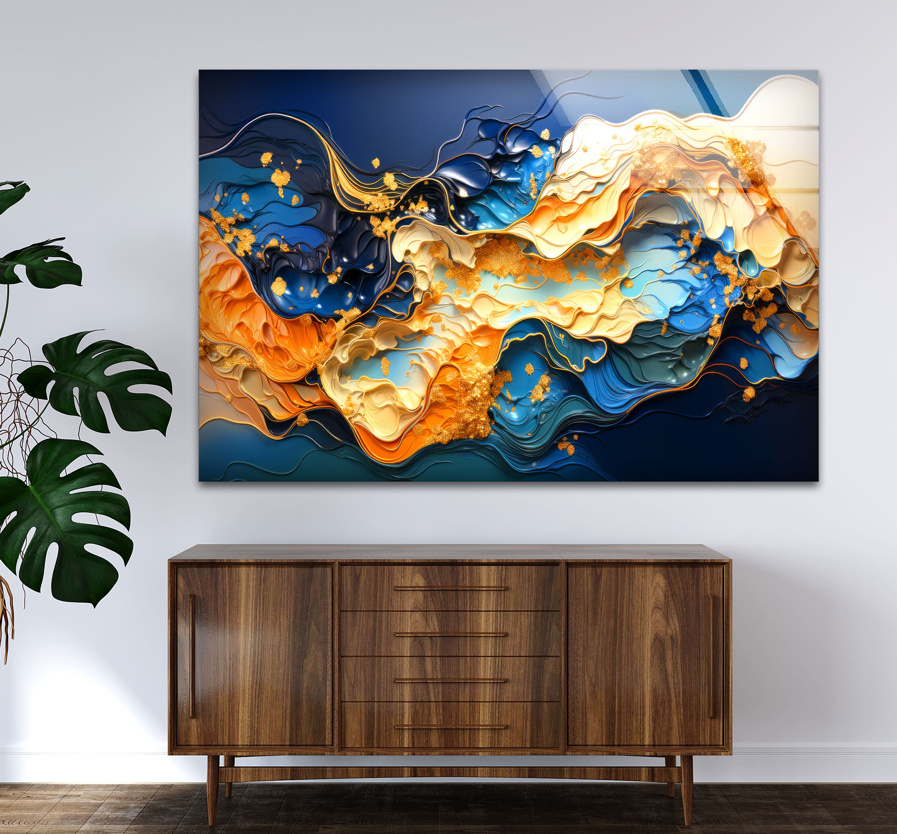 Blue Gold Abstract Wave Wall Art - Modern Fluid Glass Print for Home & Office Decor | Elegant Interior Design for Living Room, Bedroom & Office Spaces