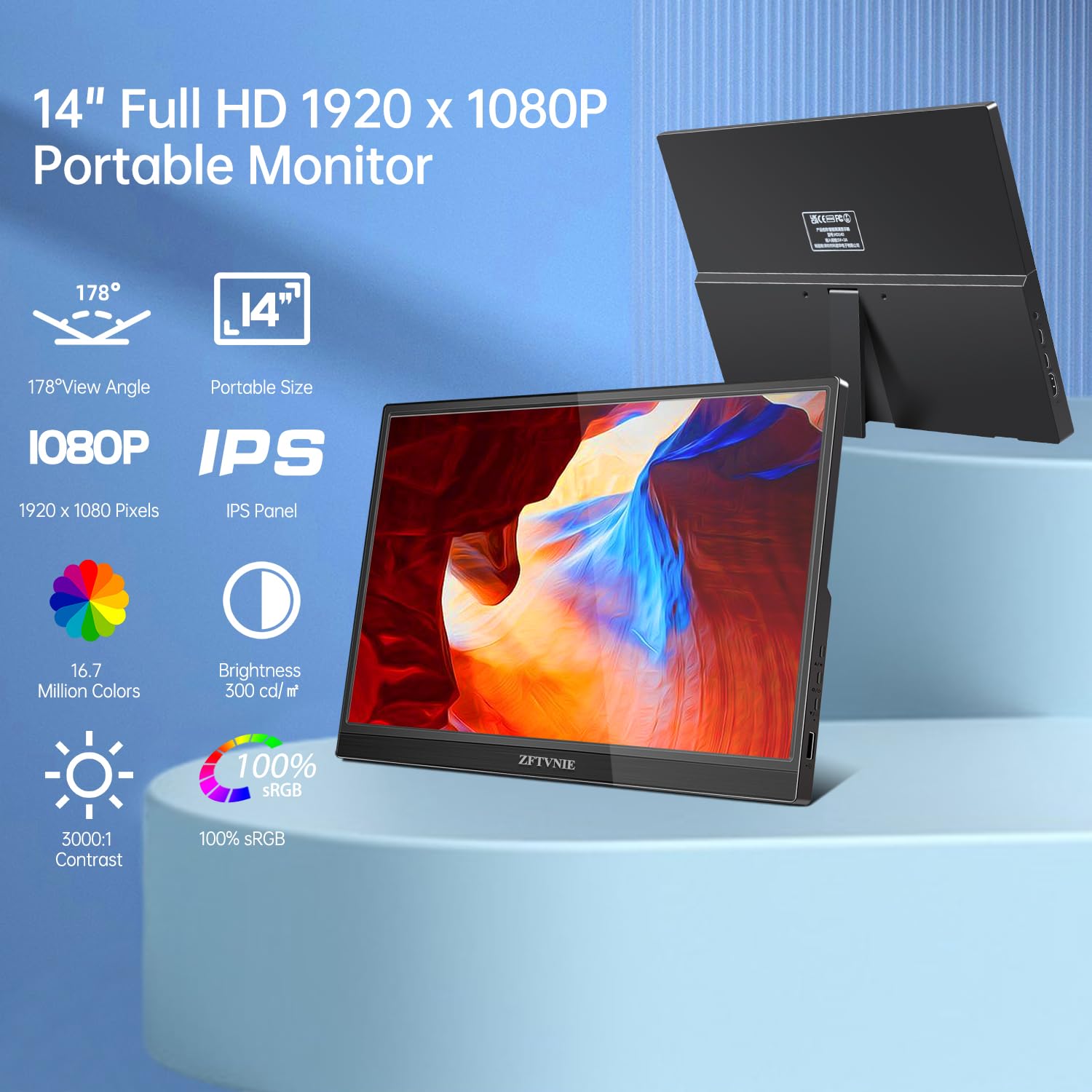 ZFTVNIE 14 Inch Portable Monitor - FHD 1080P IPS Screen with HDR, USB-C & HDMI External Display for Laptop, PC, Mac, Smartphones, Xbox, PS5, Raspberry Pi | Perfect for Work, Gaming & Travel