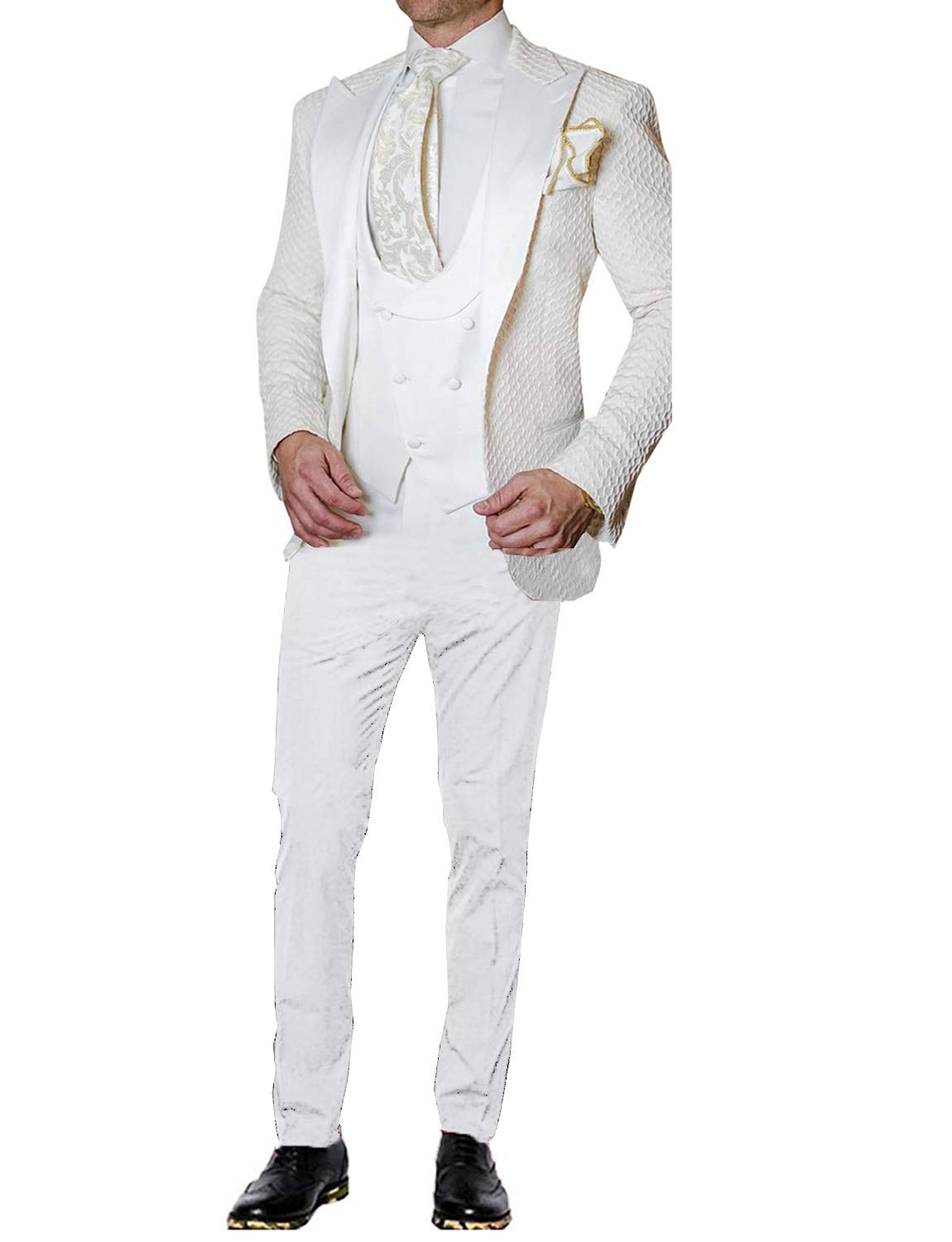 Premium Men's 3-Piece Waffle Tuxedo Suit Set - Formal Jacket, Vest & Dress Pants for Weddings, Prom & Business Events