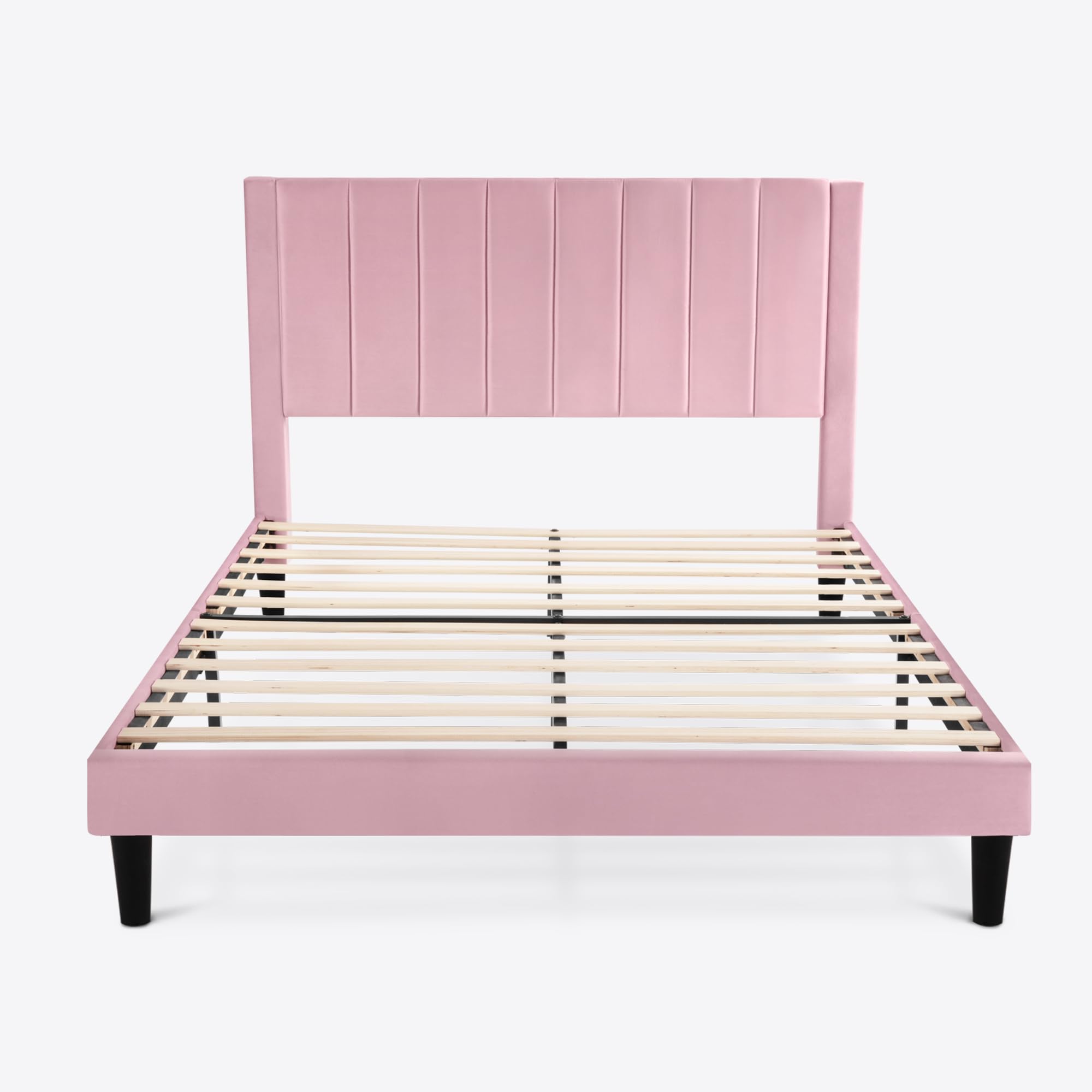 Luxury Velvet Upholstered Queen Size Bed Frame with Headboard - Pink | Solid Wood Slat Support | No Box Spring Required | Perfect for Master Bedroom, Guest Room & Apartment Decor