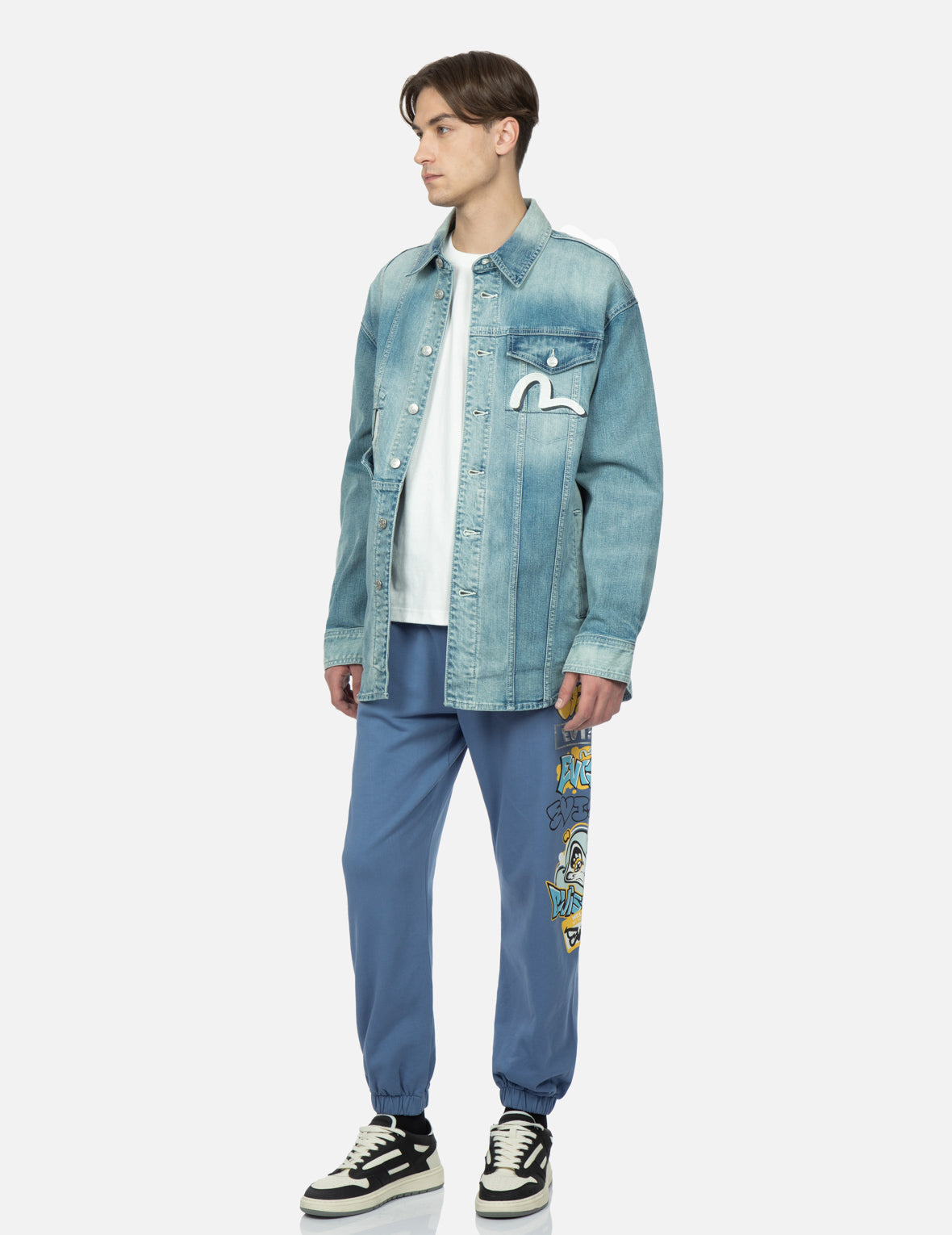 Graffiti Dharma Grid Graphic Print Denim Shirt Jacket for Men & Women - Stylish Streetwear Outerwear for Urban Fashion & Casual Outfits