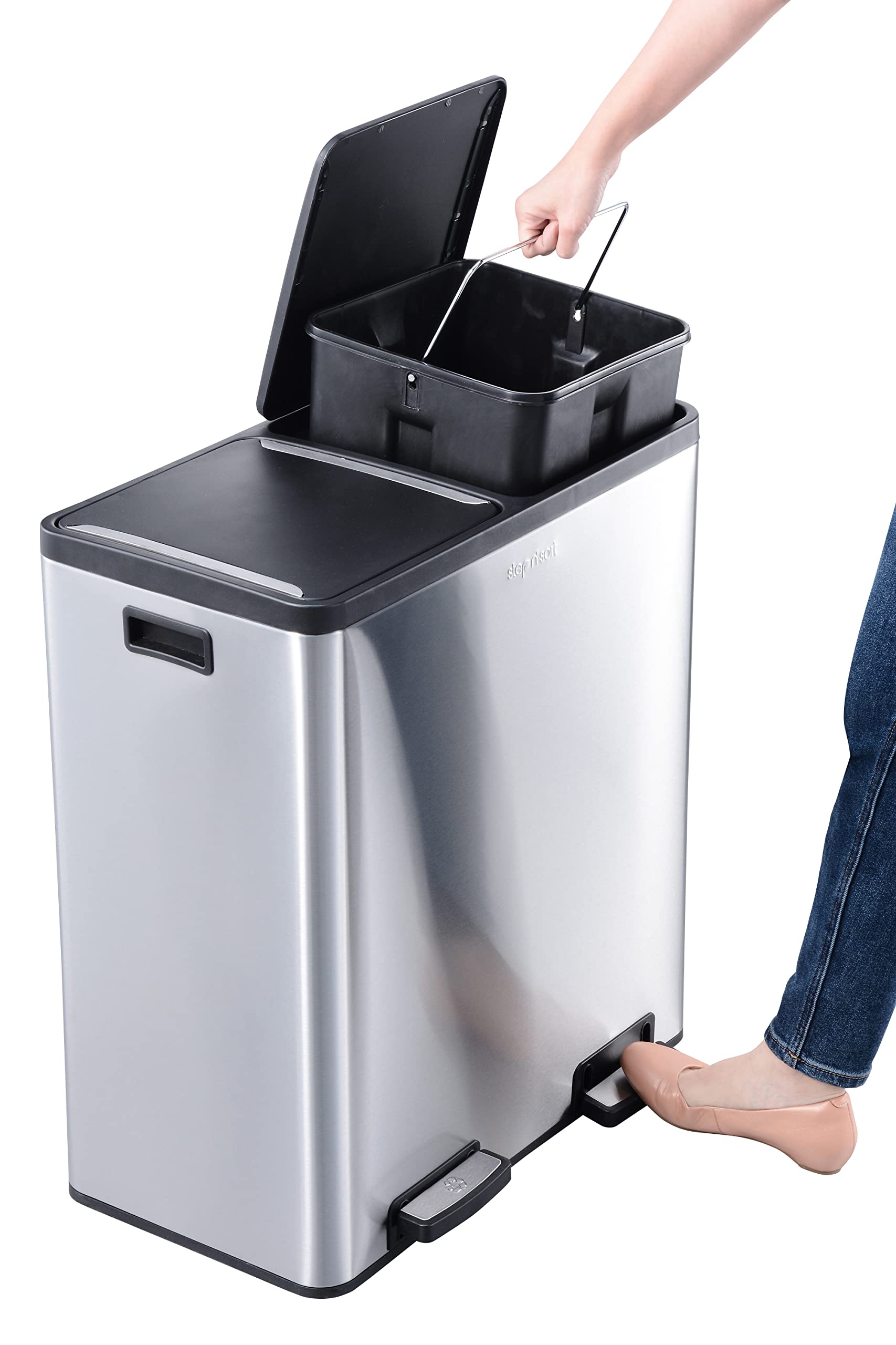 18.5 Gallon Step N' Sort Dual Trash & Recycling Bin - Extra Large Capacity, Soft-Step Design, Removable Inner Bins, Silver - Perfect for Kitchen, Office & Eco-Friendly Waste Sorting