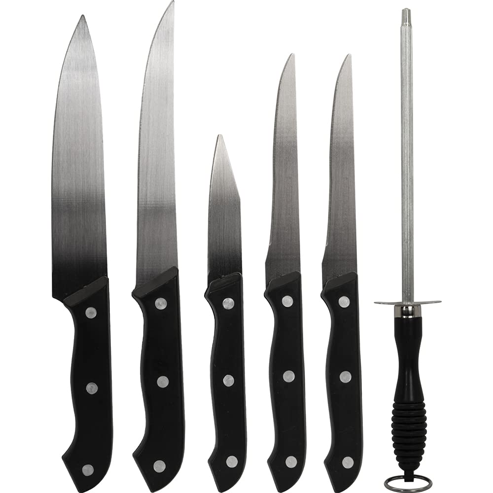 CK6PC 5-Piece Premium Knife Set with Bamboo Cutting Board & Sharpening Steel | Includes Deco Essentials 3-Slot Manual Knife Sharpener & Cut-Resistant Kitchen Gloves | Perfect for Home Chefs, Meal Prep & Professional Cooking