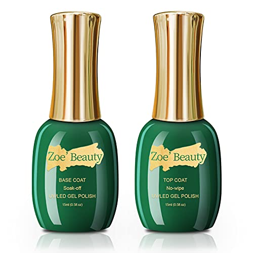 Zoe'Beauty 2Pcs 15ml No Wipe Gel Base & Top Coat Set - Glossy Shiny Long Lasting Nail Polish for Gel & Acrylic Nails - UV LED Cured Quick Dry - Perfect for Home DIY & Nail Salon Manicures