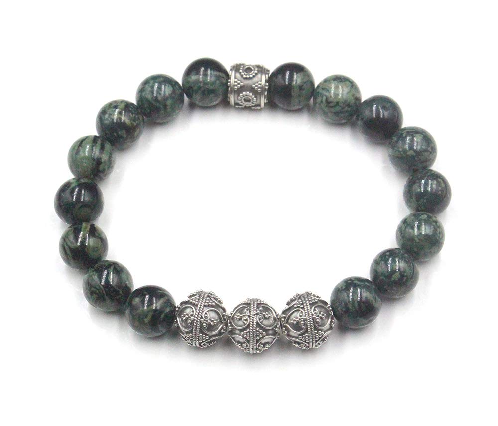 Natural Dark Green Nephrite Jade & Sterling Silver Men's Bracelet - 10mm Round Gemstone Beads for Spiritual Healing, Meditation & Fashion Accessories