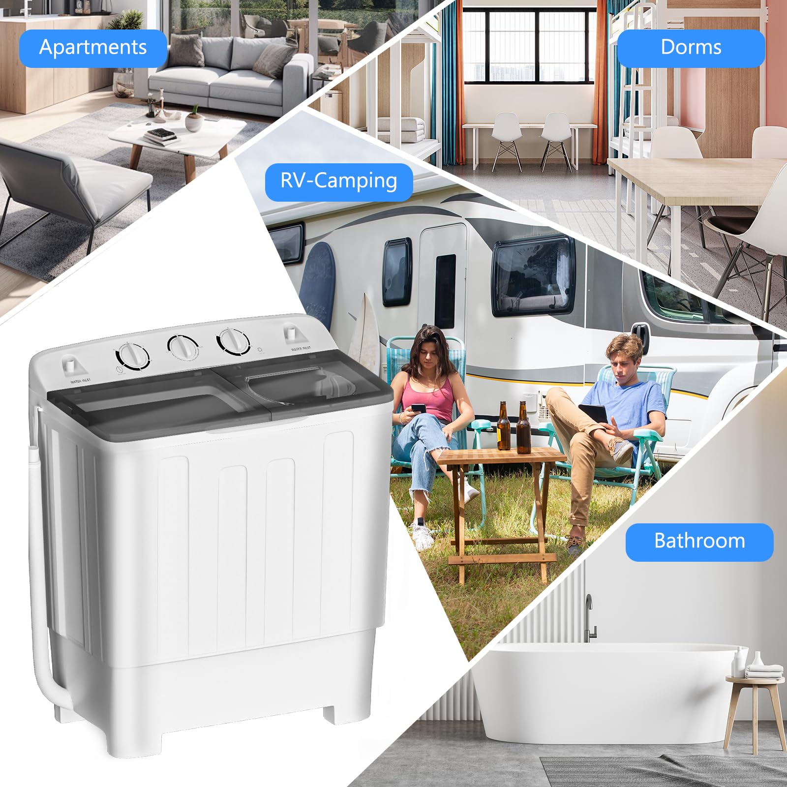 Portable Mini Twin Tub 32Lbs Washing Machine with Drying Rack & 10 Hangers - Compact Laundry Washer (20Lbs Washer + 12Lbs Spinner) for Apartments, Dorms, RVs, Camping - Space Saving Black Washing Machine for Small Spaces