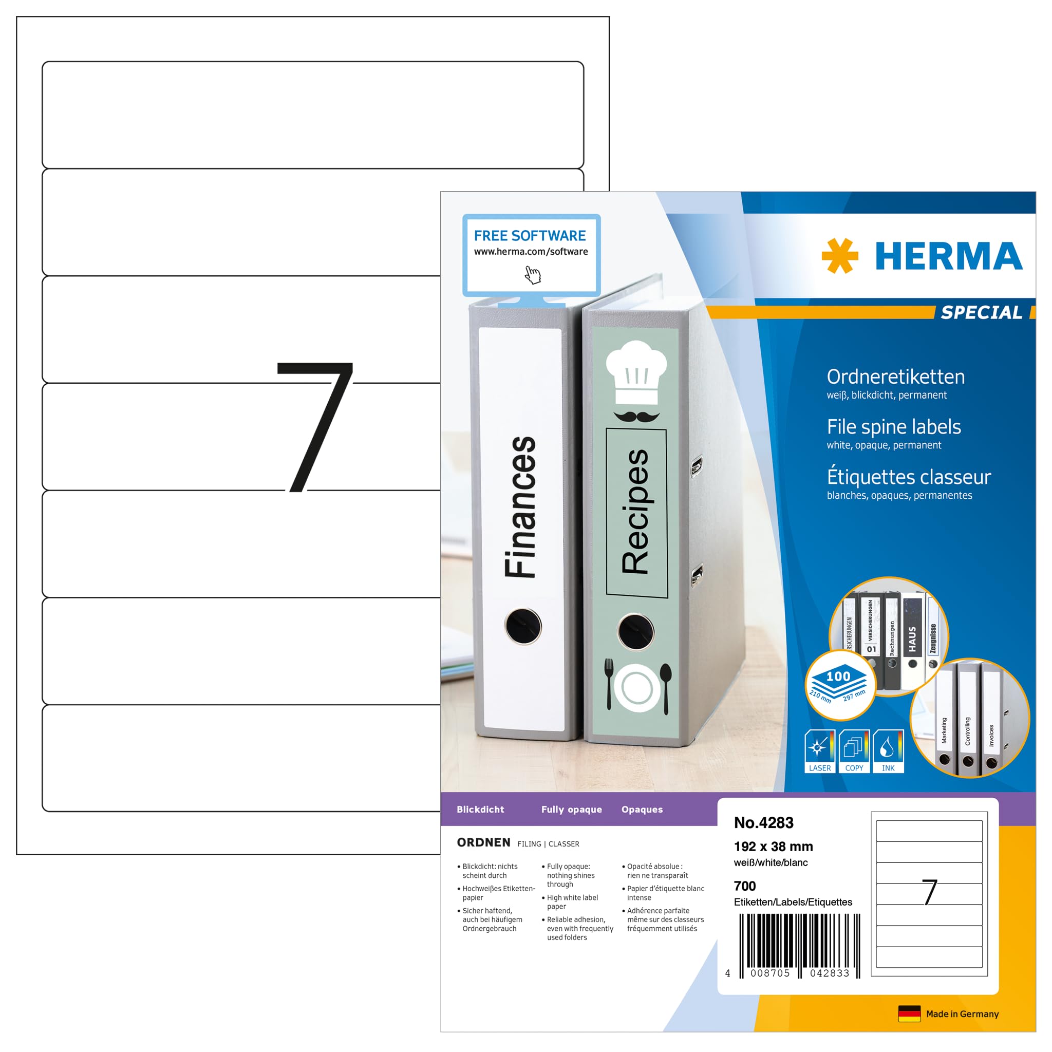 HERMA Self Adhesive Spine Labels - 700 Blank White Labels (192x38mm) for Laser & Inkjet Printers - 100 A4 Sheets with 7 Labels Each - Perfect for Lever Arch Files, Folders & Office Organization