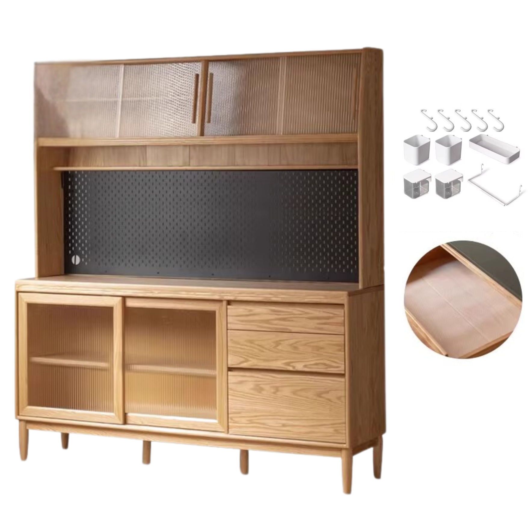 70.9x15.7x78.7 inch / 180x40x200.8 cm / Natural Wood Color /Oak solid wood sideboard + upper shelf with waterproof drawer bottom pad+perforated board seven-piece set