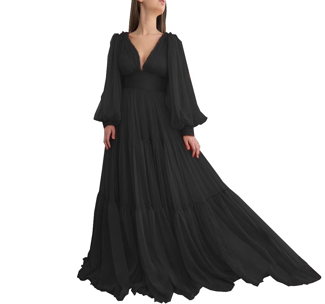 Elegant Women's V-Neck Long Sleeve Chiffon Evening Gown with Butterfly Sleeves - Formal Party Dress for Weddings, Galas & Special Occasions