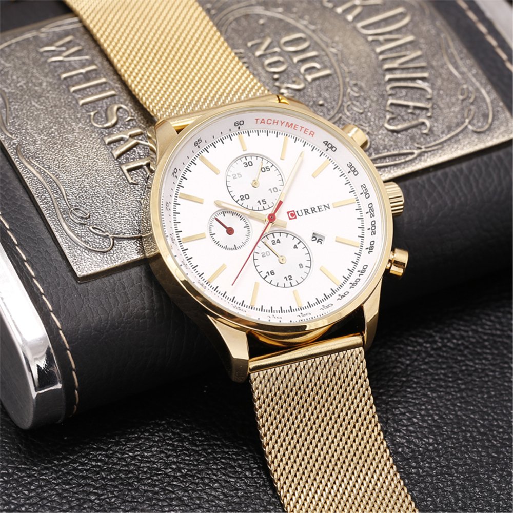 Luxury Men's Stainless Steel Quartz Watch - Waterproof Sport Wristwatch for Casual & Date (Gold/White)