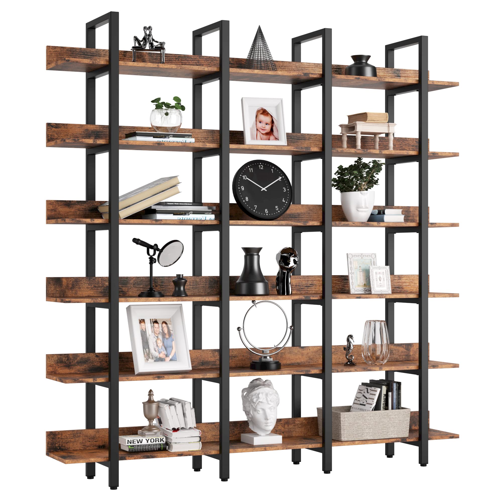 IRONCK 6-Tier Triple Wide Bookcase & Bookshelf - Large Open Shelves with Back Fence - Vintage Brown Home Office Decor - Easy Assembly - Perfect for Living Room, Bedroom or Study Organization