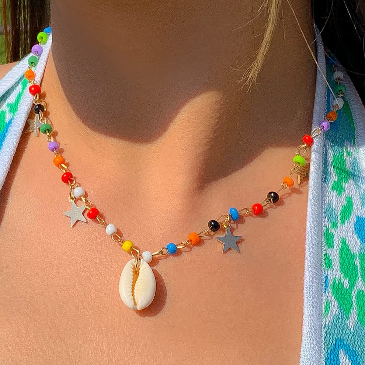 ZMANYIJEW Women's Summer Shell Necklace - Colorful Rice Beads, Star Tassel Pendant, Hawaiian Style Natural Shell Jewelry for Beach Vacation, Boho Fashion & Tropical Party Accessories