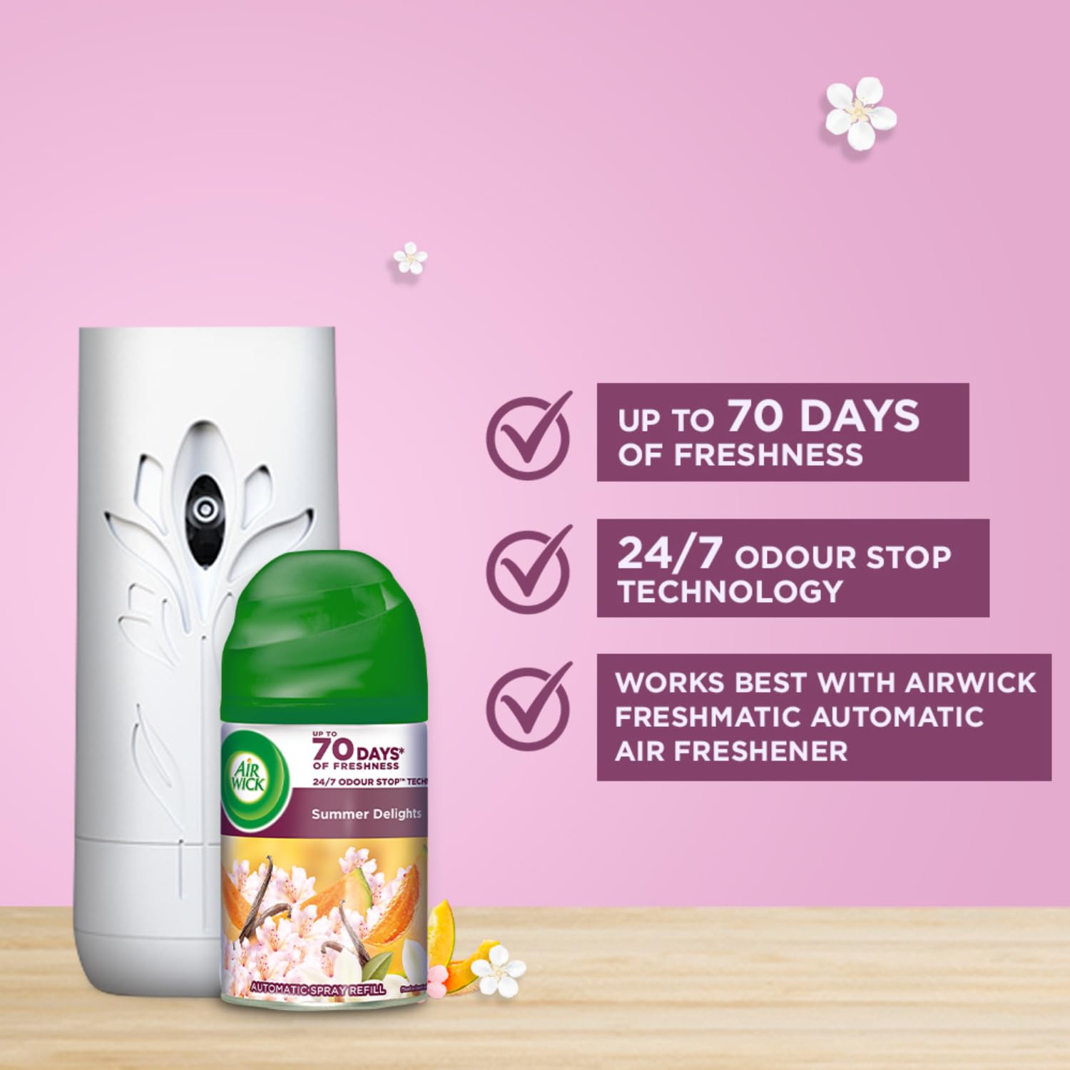 Air Wick Vanilla Freshmatic Automatic Air Freshener Refill, 250ml | 2600 Sprays | Long-Lasting Vanilla Scent | for Home, Bathroom, Office & Car | Continuous Fragrance Dispenser for Fresh Air All Day