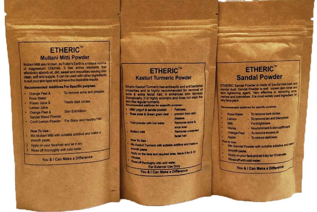 Etheric Glowing Skin Pack (Sandalwood + Kasturi Turmeric + Multani Mitti) - 3x75g Fairness Face Mask for Acne Treatment, Wrinkle Removal & Blemish Reduction | Natural Skin Brightening & Anti-Aging | Perfect for Daily Skincare & Spa Treatments