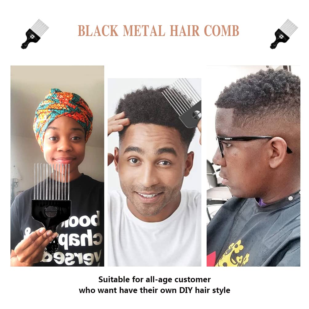 MODSIGHT Afro Pick for Curly Hair - 3 Pack Metal Hair Comb for Women & Men - Black Plastic & Metal Hair Styling Tool - Perfect for Natural Hair Care, Twist Outs & Defining Curls