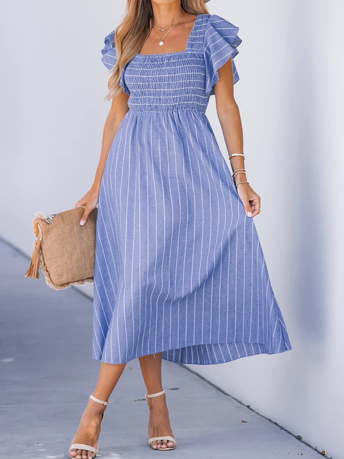 CUPSHE Women's Summer Striped Smocked Maxi Dress with Square Neck & Ruffled Cap Sleeves | A-Line Formal Beach Dress for Vacation, Wedding Guest & Outdoor Events