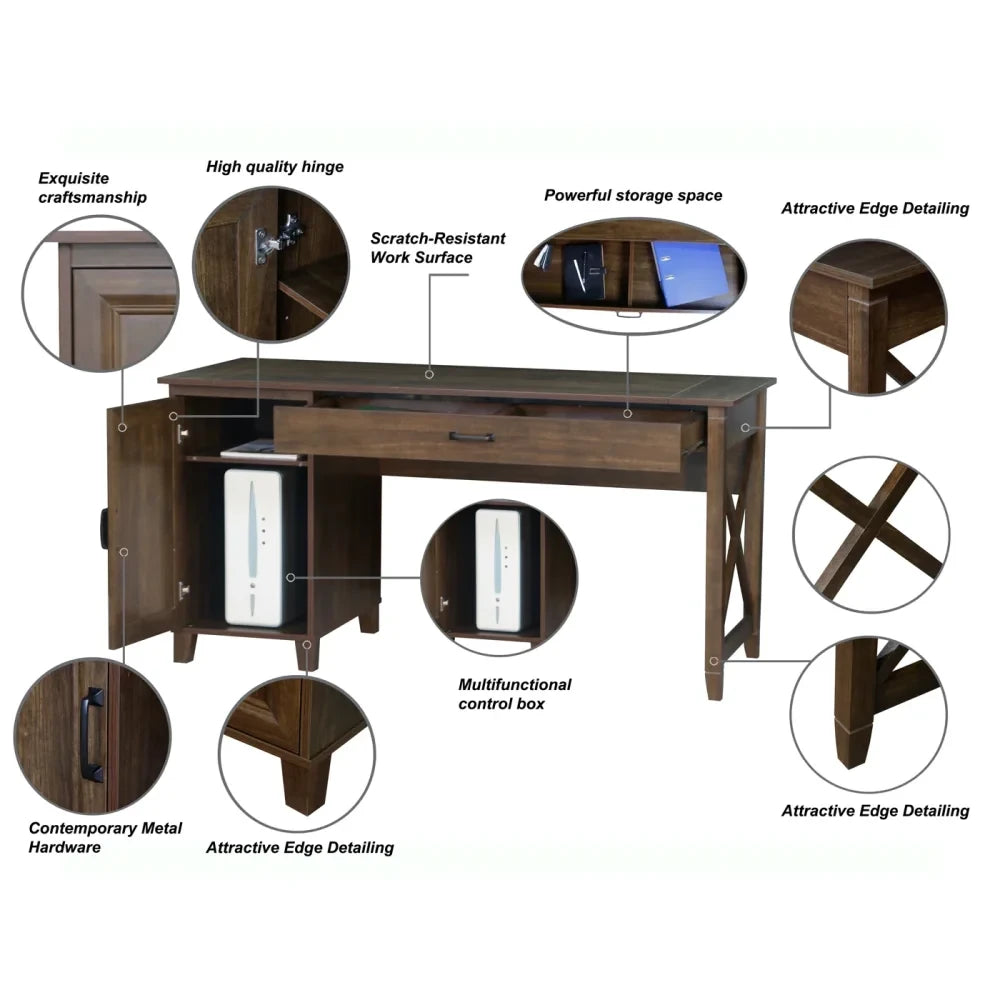 Large Wooden Computer Desk for Home Office - 150cm Dark Walnut Study Desk with Storage | Perfect for Remote Work, Online Classes & Gaming Setup