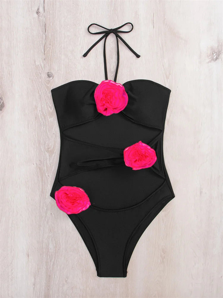 2024 Sexy 3D Flower Halter One Piece Swimsuit for Women - High Waist Monokini with Cut Out Design | Perfect for Beach Vacations, Pool Parties & Summer Getaways