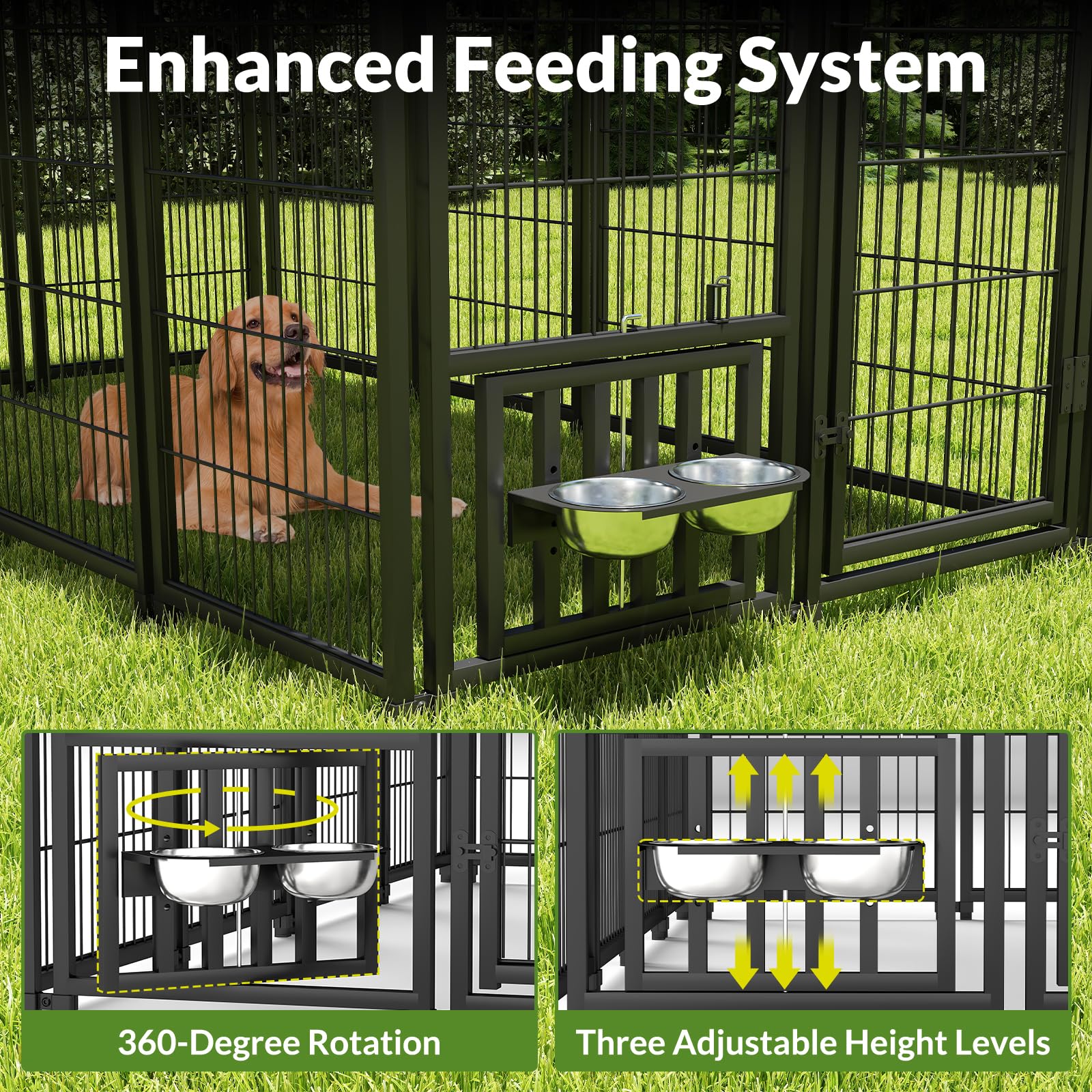 Rovibek Waterproof & Sun-Resistant Outdoor Dog Kennel with Roof - Covered Dog Run Enclosure Includes Feeding Bowls - Perfect for Backyard, Patio & Camping Use