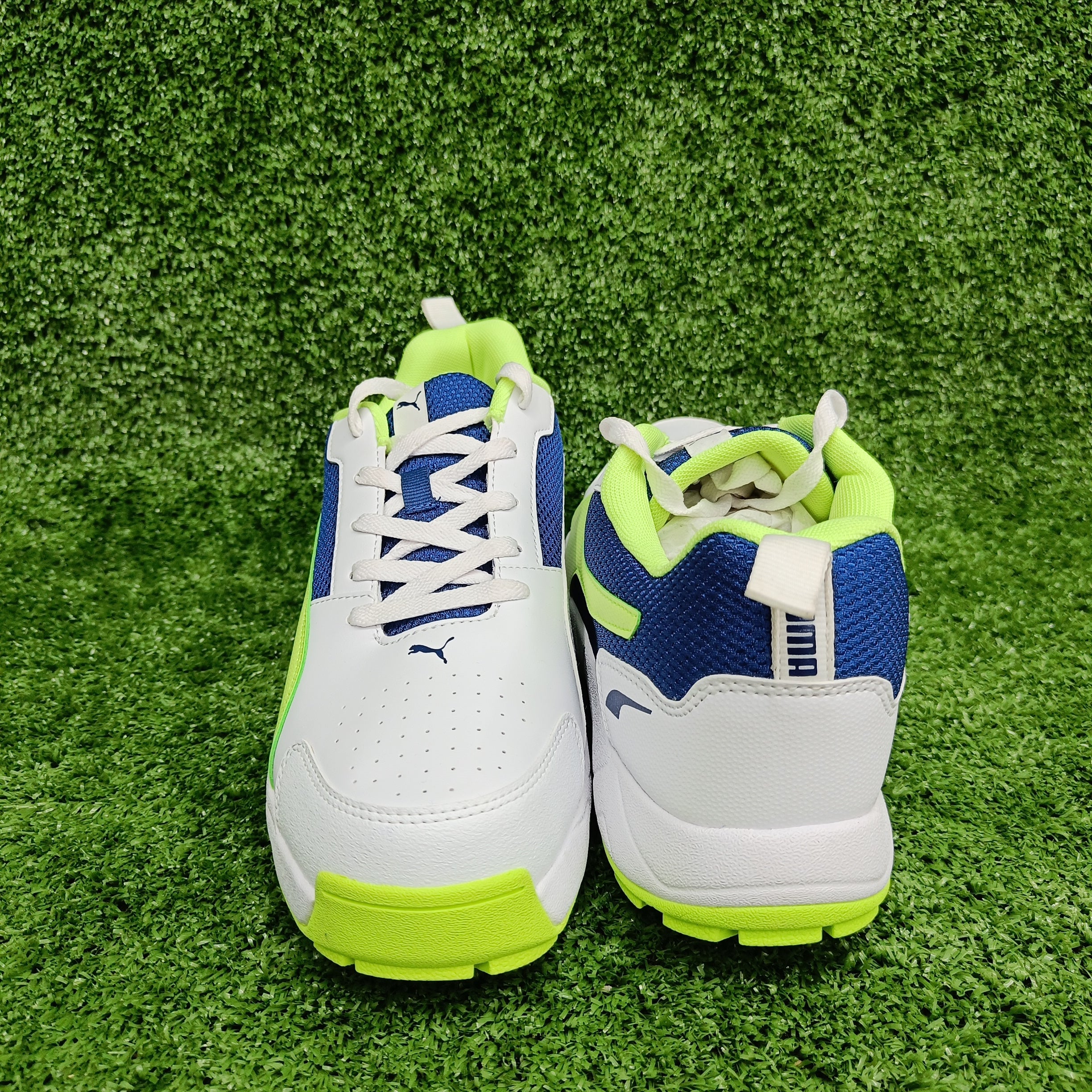 Puma Men's White Blazing Blue Fast Yellow Cricket Shoes - Lightweight & Durable for Cricket Matches & Training