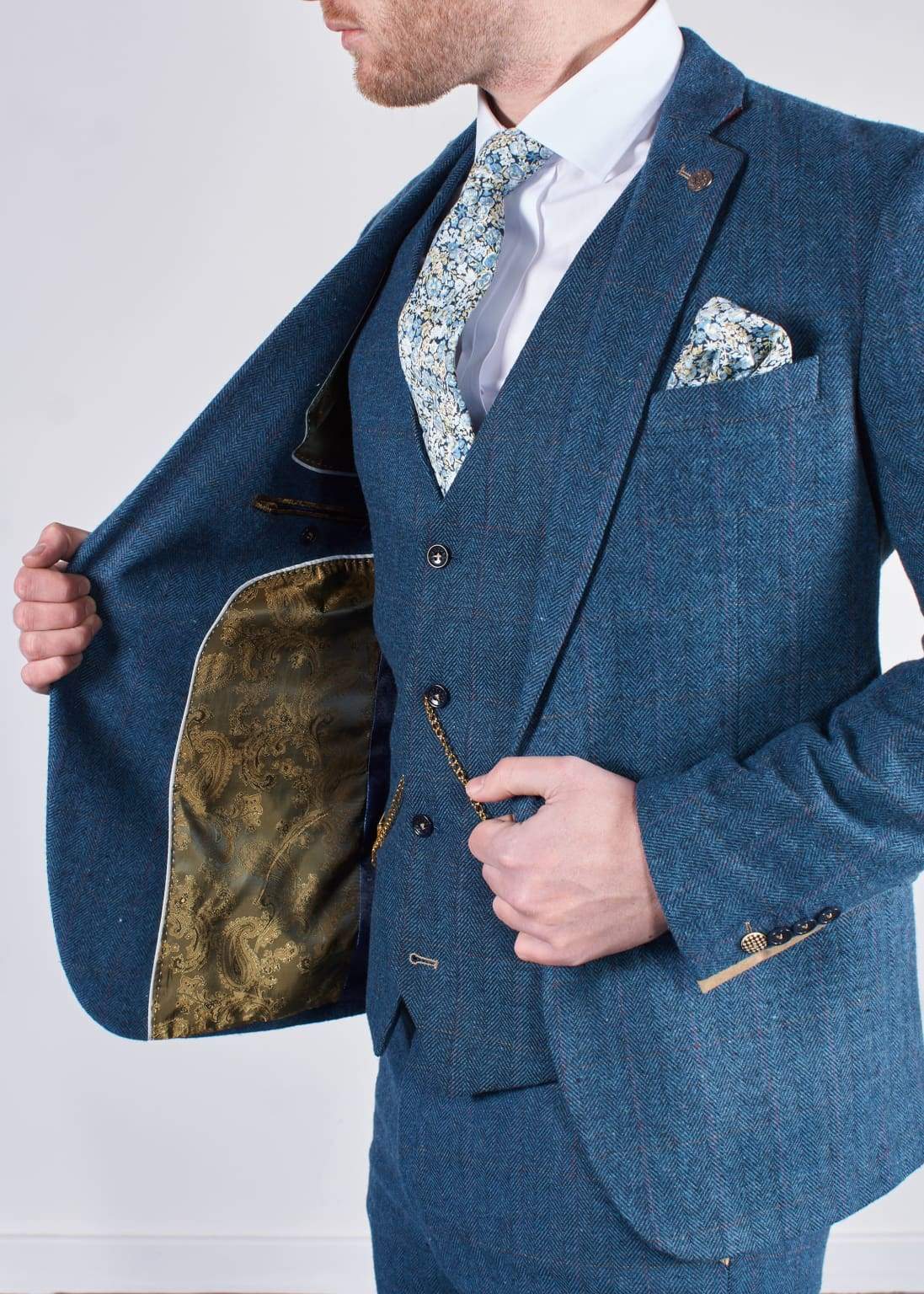 Marc Darcy Dion Teal Blue Tweed Slim Fit Wedding 3 Piece Suit for Groom, Best Man & Formal Events - Perfect for Weddings, Prom & Special Occasions