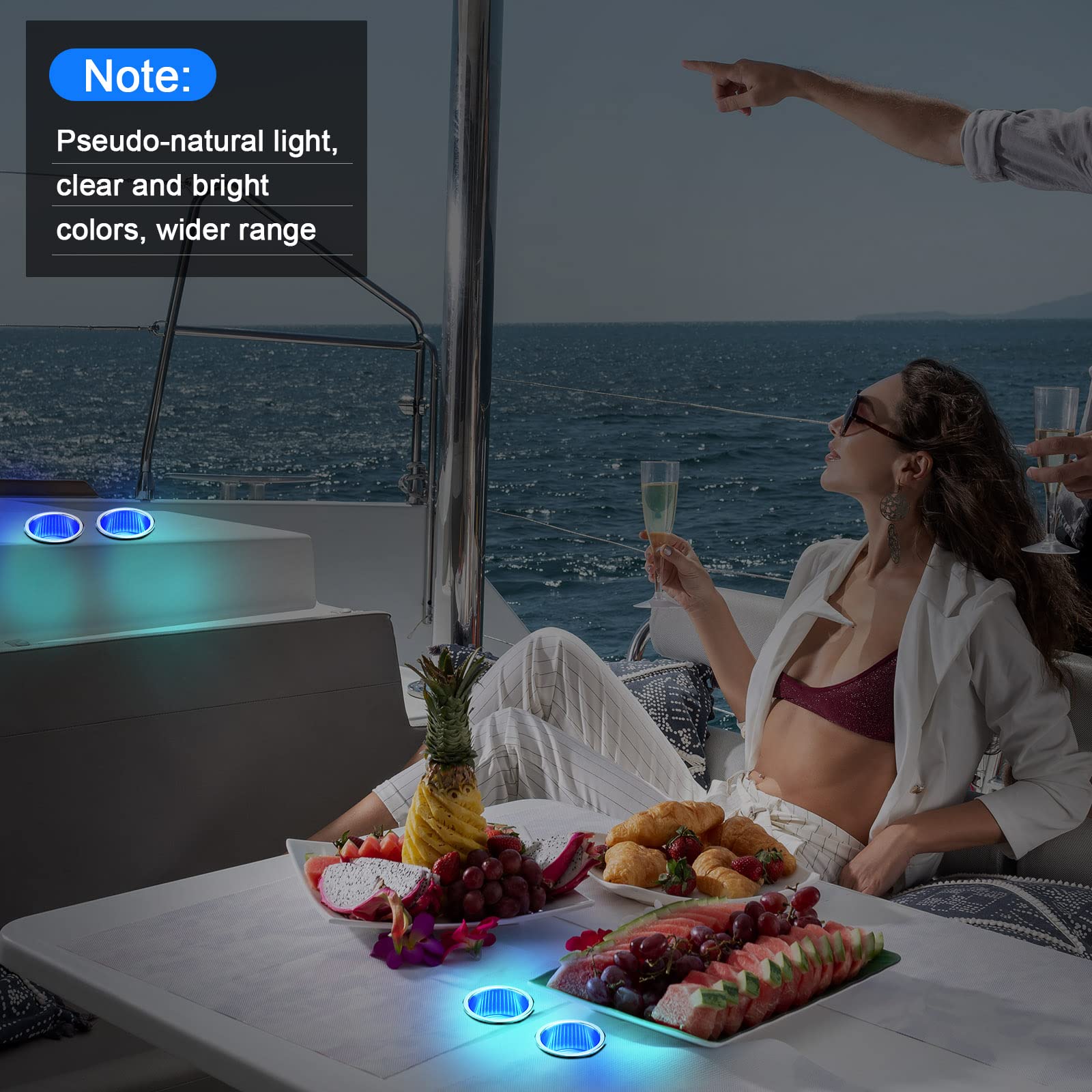 6-Pack LED Cup Holder Inserts with Drain - Stainless Steel Marine Drink Holders for Boat, Yacht, Car, Camper, Truck & RV - Blue Ambient Lighting for Night Driving & Party Decor