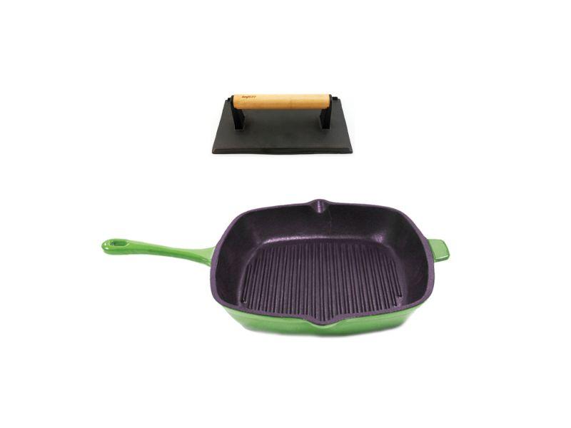 BergHOFF Neo 2-Piece Cast Iron Grill Pan Set with Steak Press - 11 Inch, Green | Perfect for Indoor & Outdoor Grilling, BBQ, Steak, Burgers & More