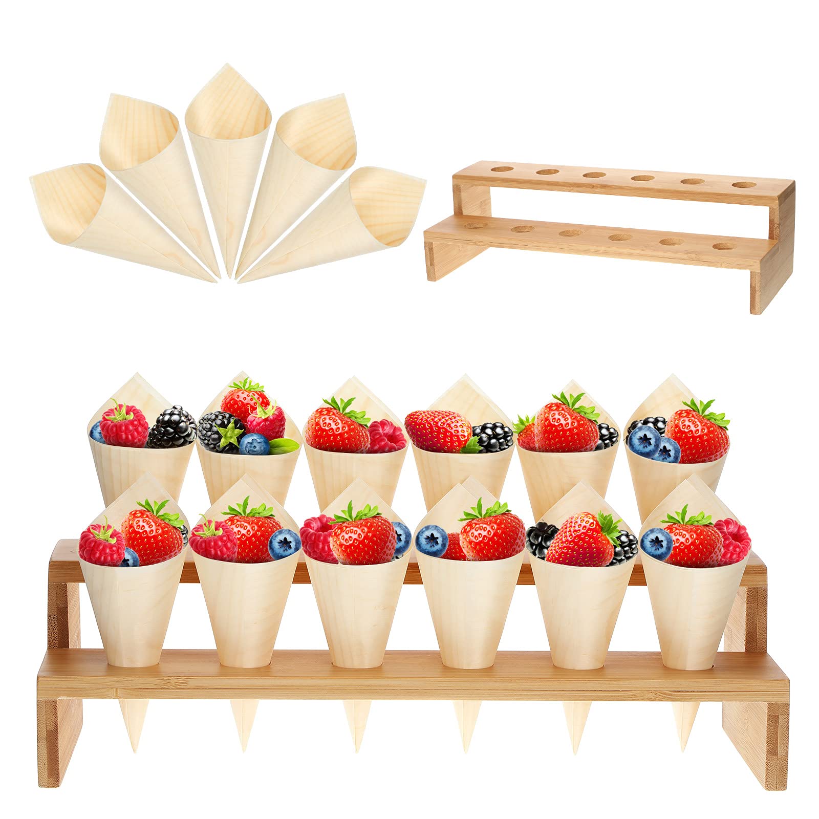 Queekay 100 Pcs Disposable Wooden Food Cones with 12 Holes - Food Cone Display Stand Holder for Charcuterie, Ice Cream, Catering, Parties & Buffets | Perfect for Weddings, Dessert Tables, and Gourmet Food Presentation