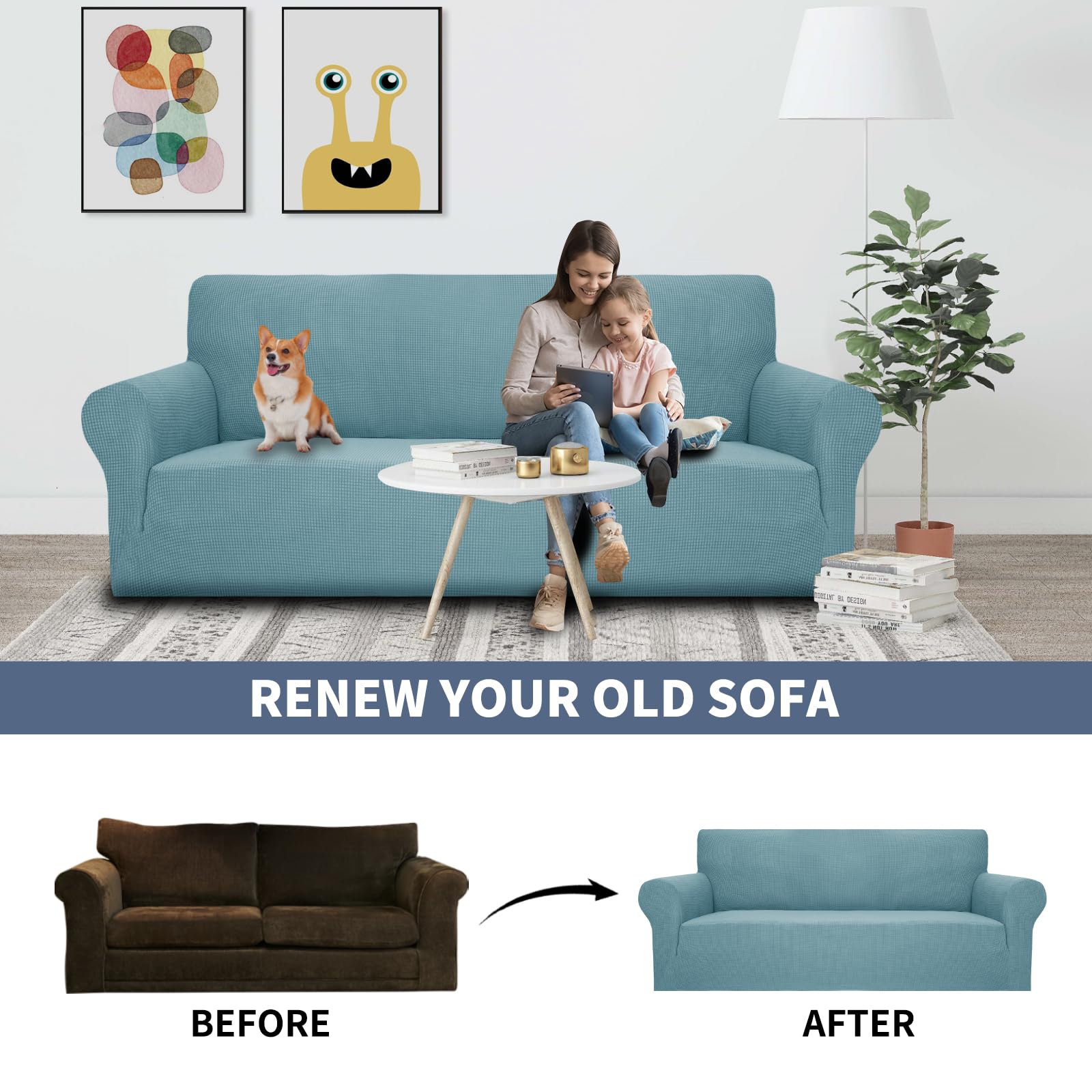 JIVINER Stretch Jacquard 2-Cushion Loveseat Slipcover - Anti-Slip Sofa Cover Protector for Pets & Kids, Light Blue - Perfect for Living Room, Family Room & Pet-Friendly Homes