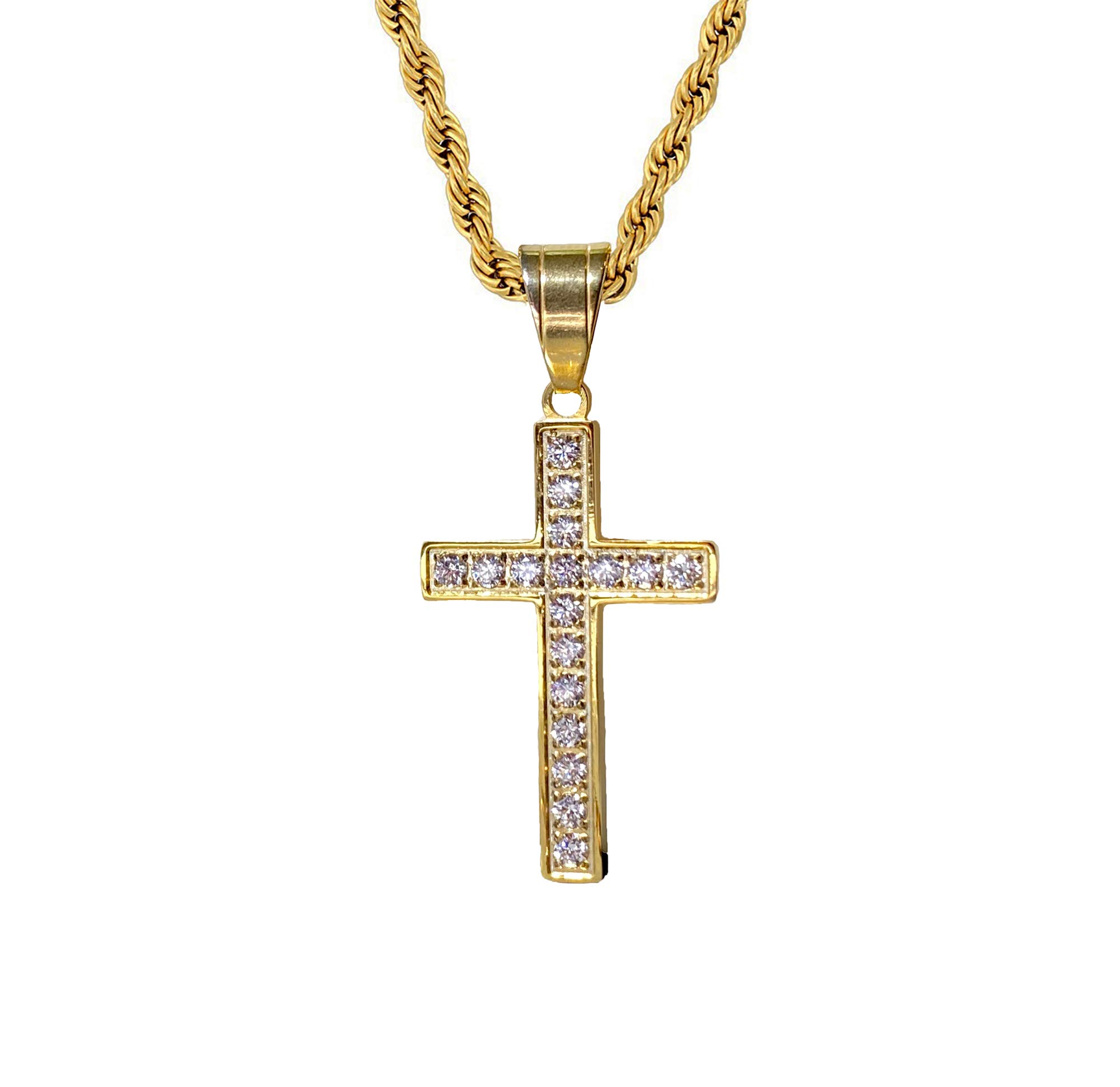 925 Sterling Silver Iced Gold Cross Jesus Crucifix Pendant with Diamond Accents - Religious Jewelry for Men & Women - Stainless Steel 3mm Rope Chain - Perfect for Church, Weddings, Baptisms & Everyday Faith Fashion