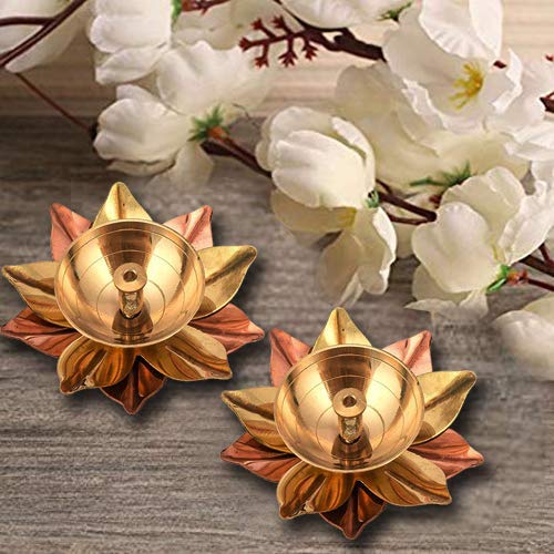 Antique Brass Lotus Oil Lamp for Hindu Puja - Handcrafted Kamal Diya for Home Temple Decor (2-Pack, Gold Finish, 8.9x8.8x6.3cm) - Perfect for Diwali, Wedding Gifts & Spiritual Ceremonies