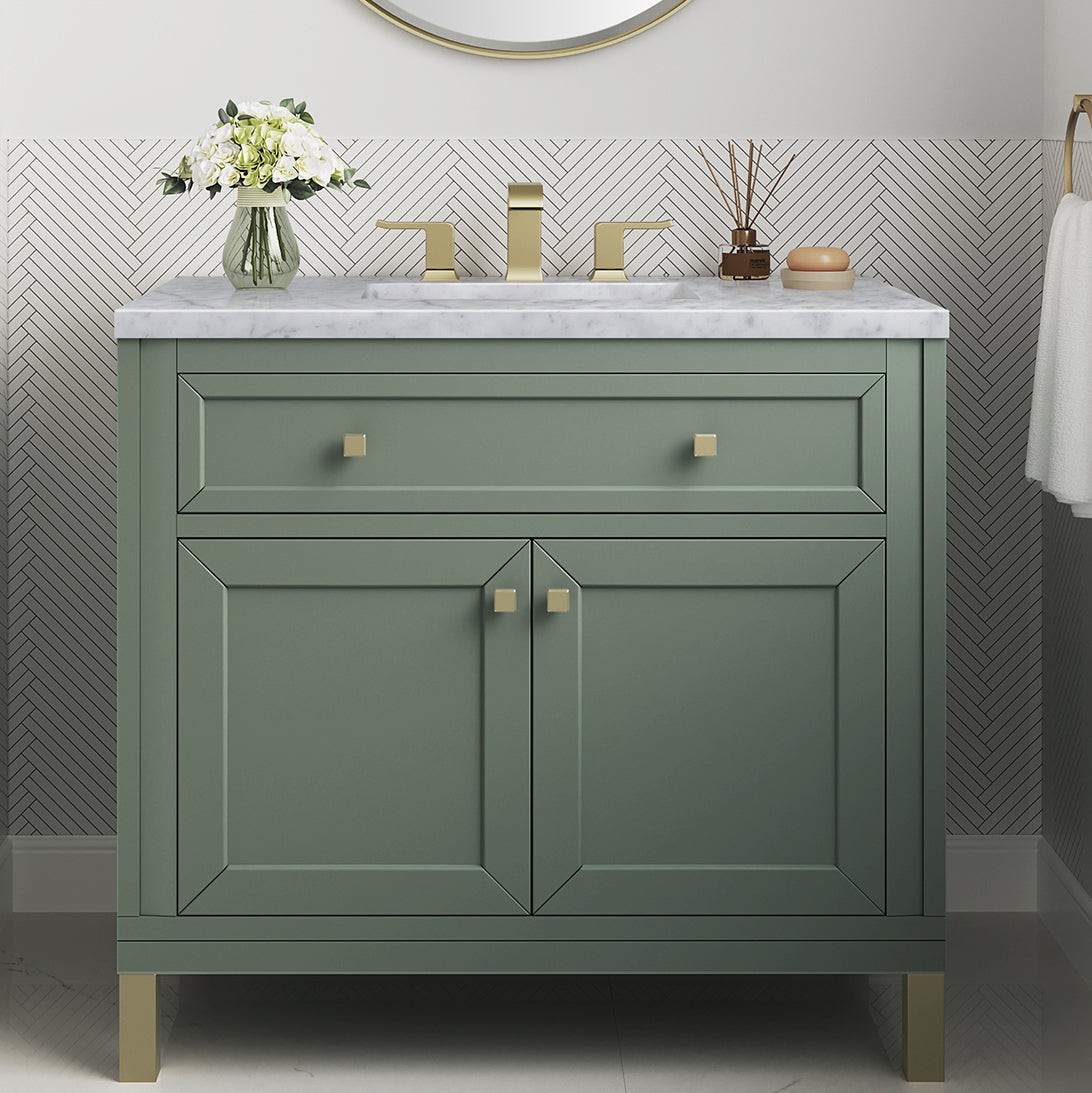 James Martin Vanities Chicago Collection 36 Inch Single Bathroom Vanity in Smokey Celadon with Countertop Options - Modern Farmhouse Style for Small Bathrooms & Powder Rooms